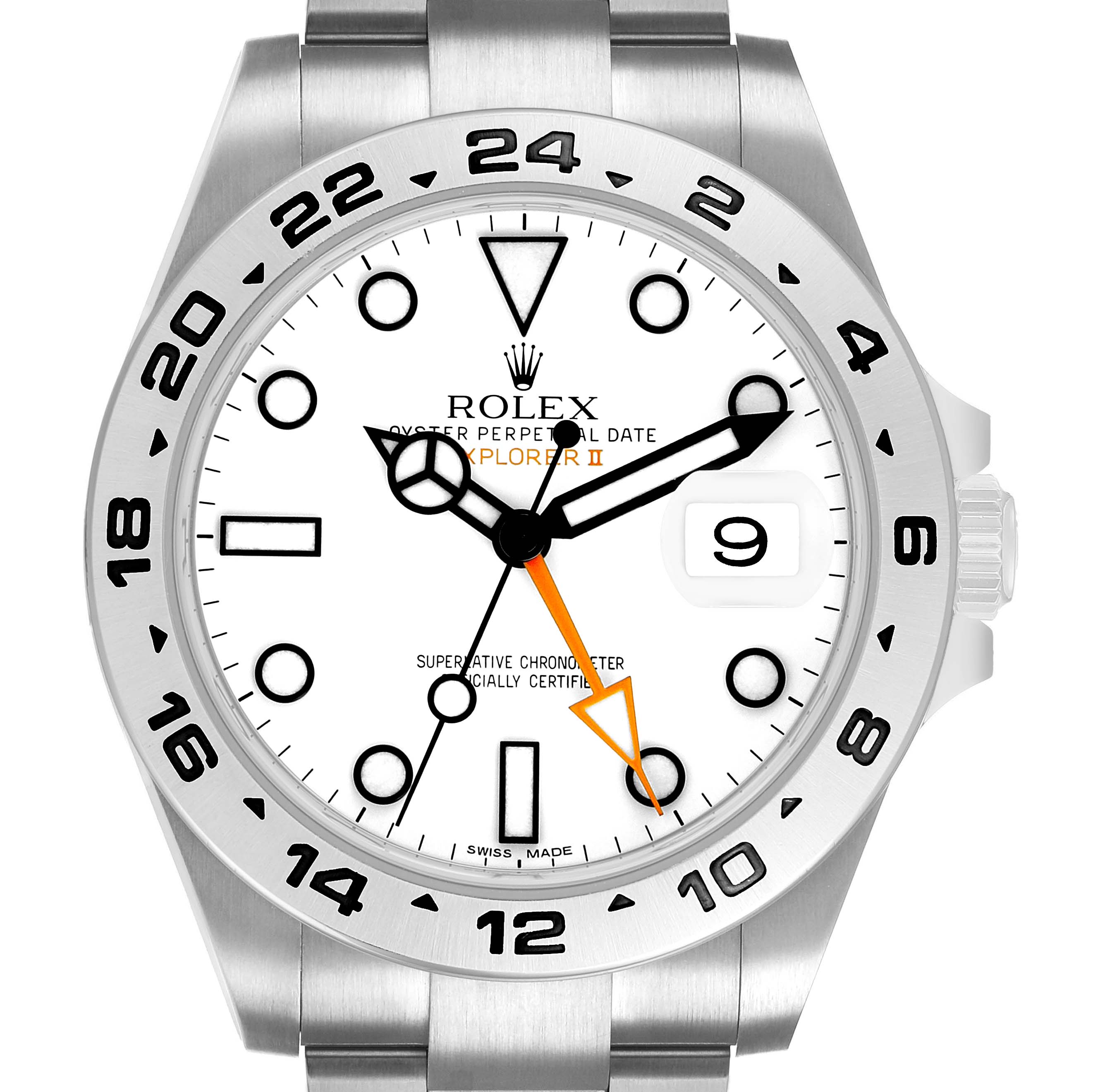 The Rolex Explorer 216570 Men's Stainless Steel White Dial II watch is shown from a front angle, displaying the bezel, dial, hands, and date window clearly.