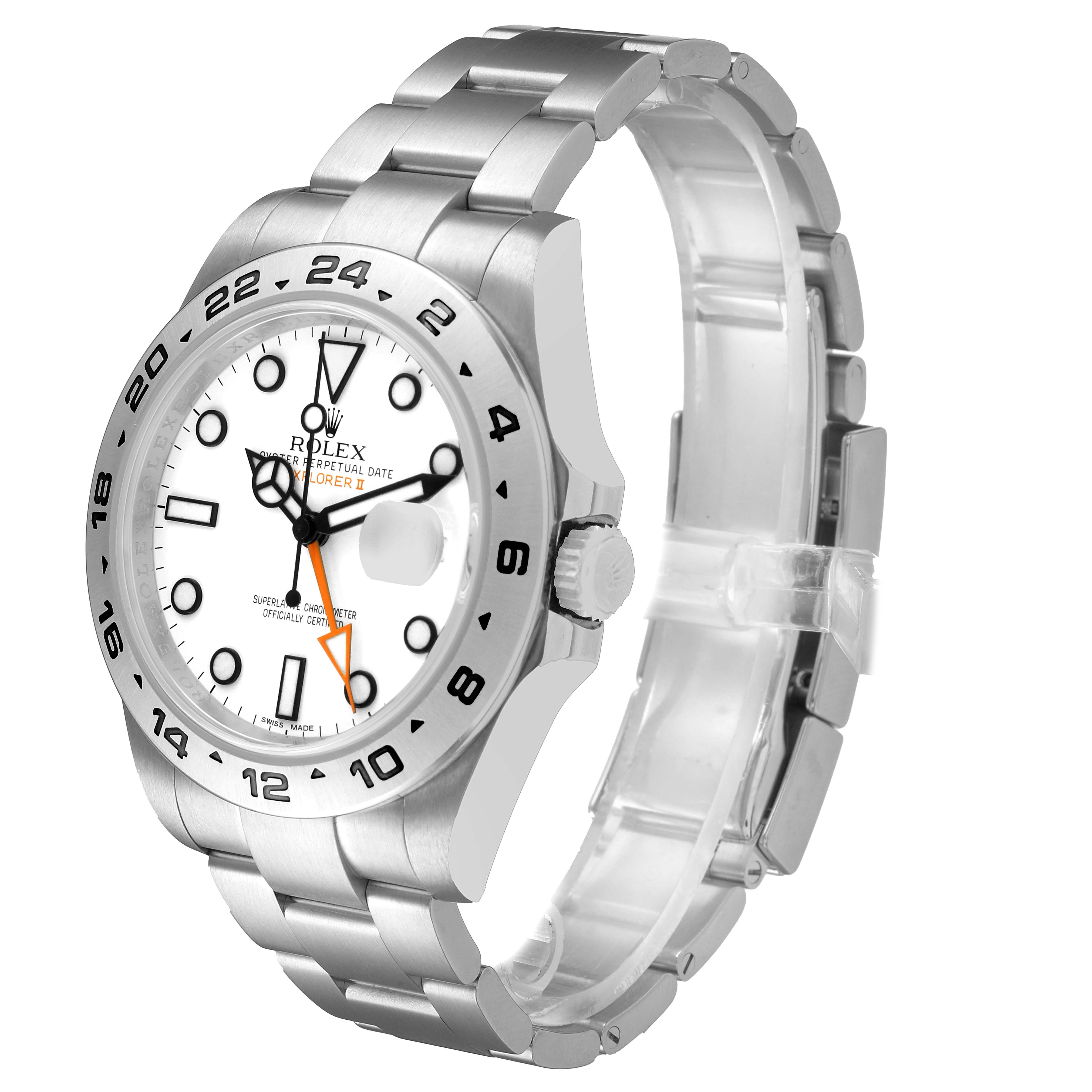 The Rolex Explorer 216570 Men's Stainless Steel White Dial model is shown at a three-quarter angle, displaying the face, bezel, crown, and bracelet.