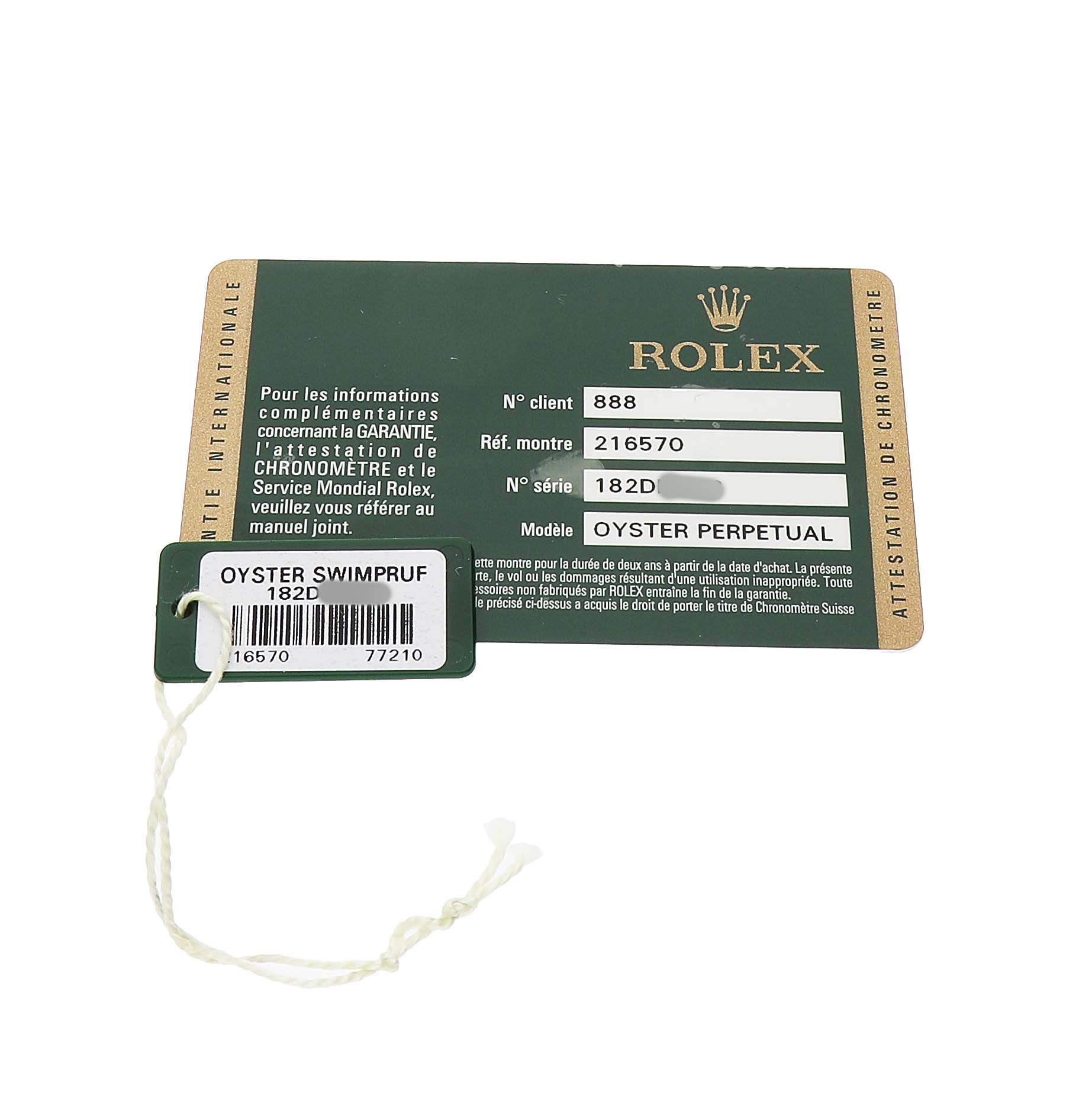 The image shows a guarantee card and tag for the Rolex Explorer 216570 Men's Stainless Steel White Dial model, indicating details like model, serial, and client numbers.