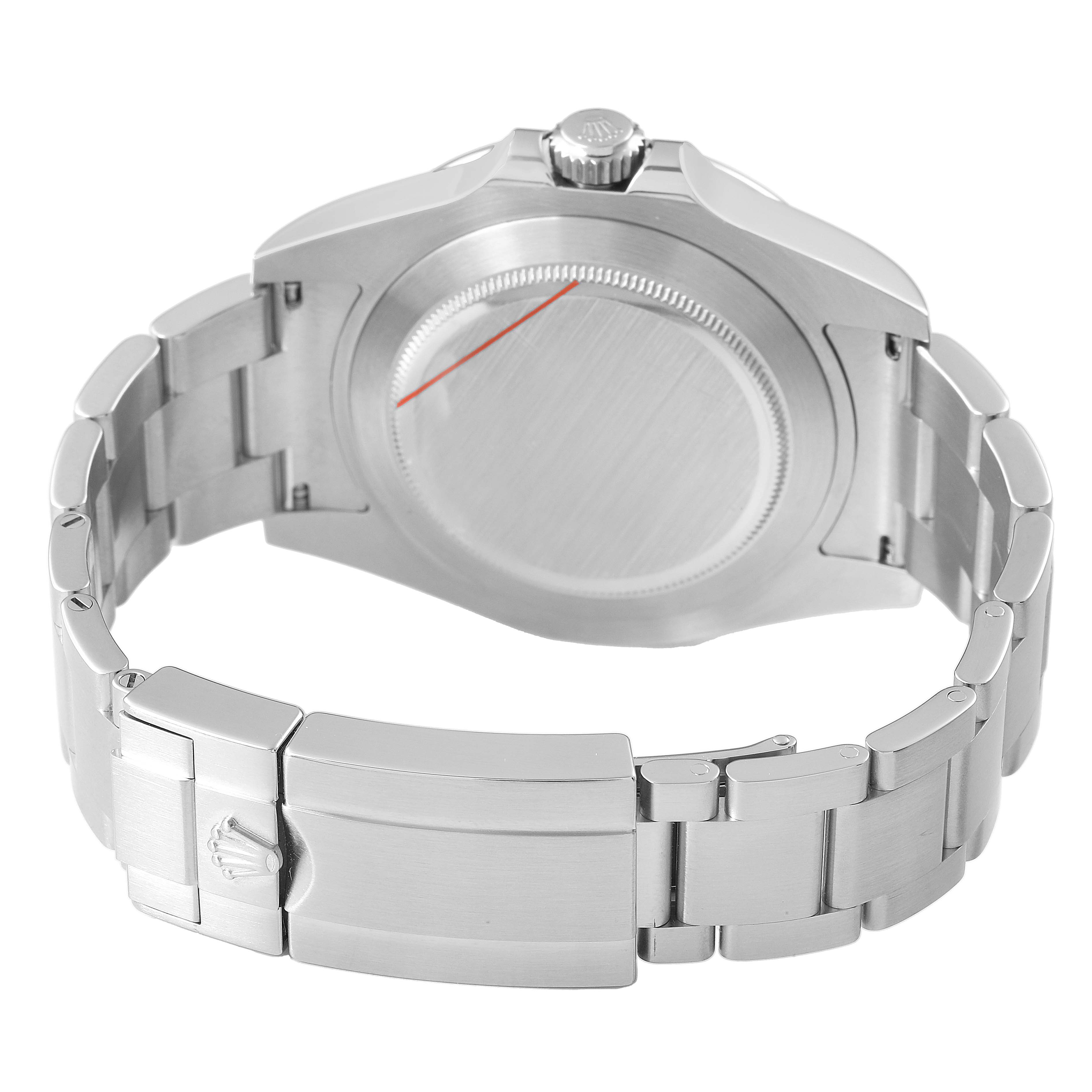 The image shows the back view of the Rolex Explorer 216570 Men's Stainless Steel White Dial watch, highlighting the case back, bracelet, and clasp.