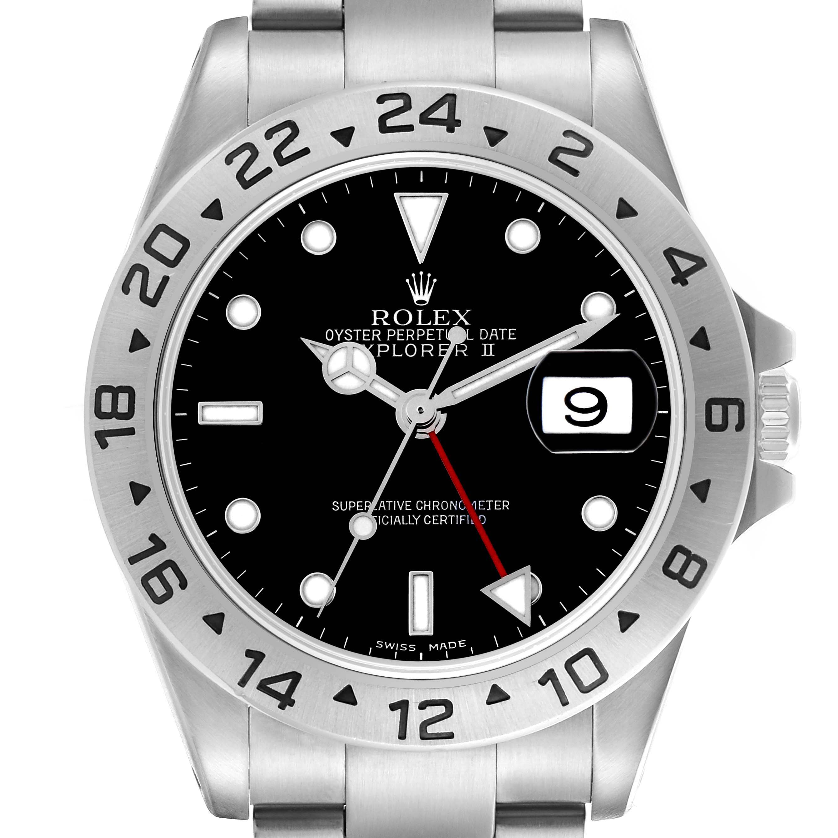 The Rolex Explorer 16570 Men's Stainless Steel Black Dial 16570 Men's Stainless Steel Black Dial watch is shown from the front, highlighting the bezel, dial, hands, and date window.