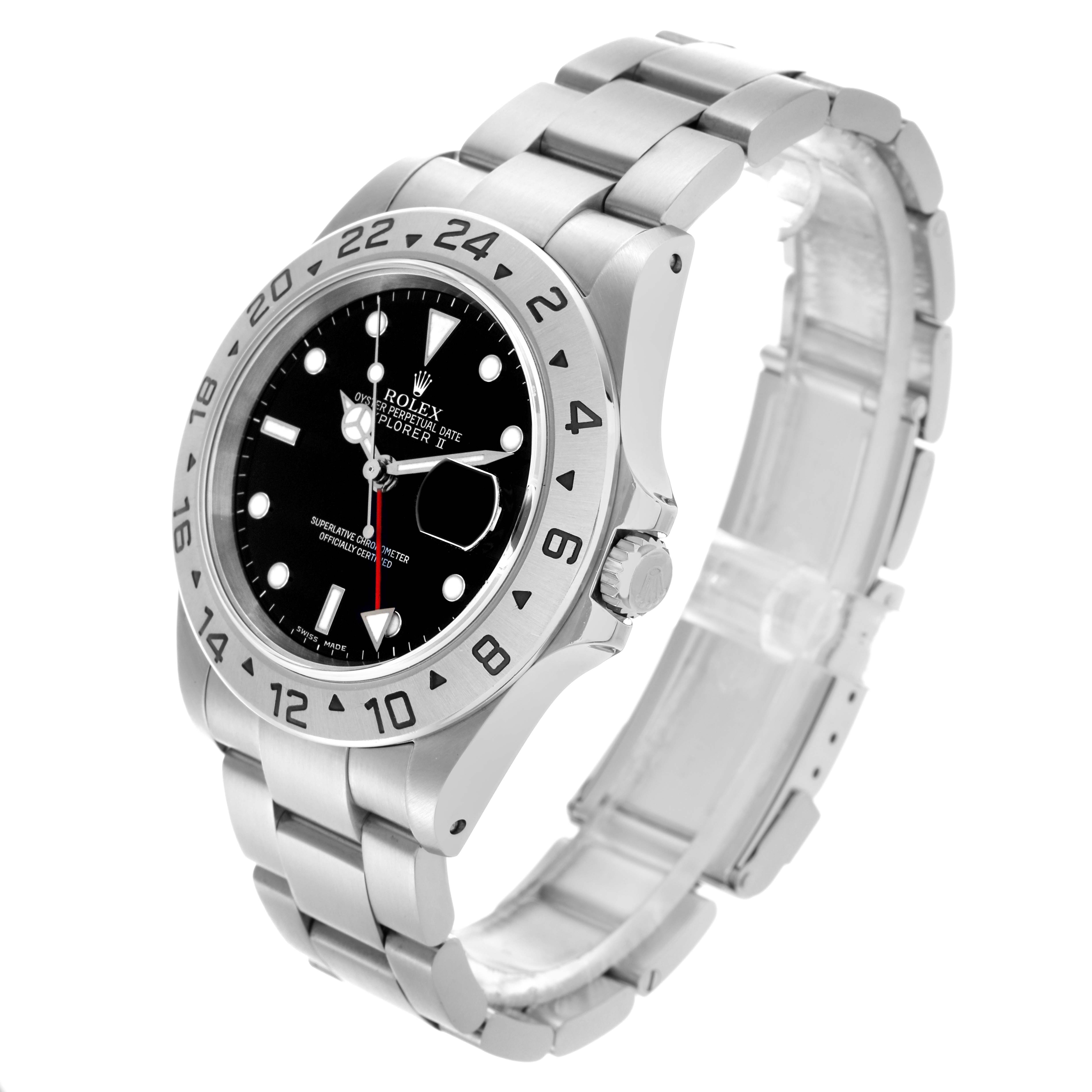 The Rolex Explorer 16570 Men's Stainless Steel Black Dial 16570 Men's Stainless Steel Black Dial model is shown at a three-quarter angle, highlighting the face, bezel, crown, and bracelet.