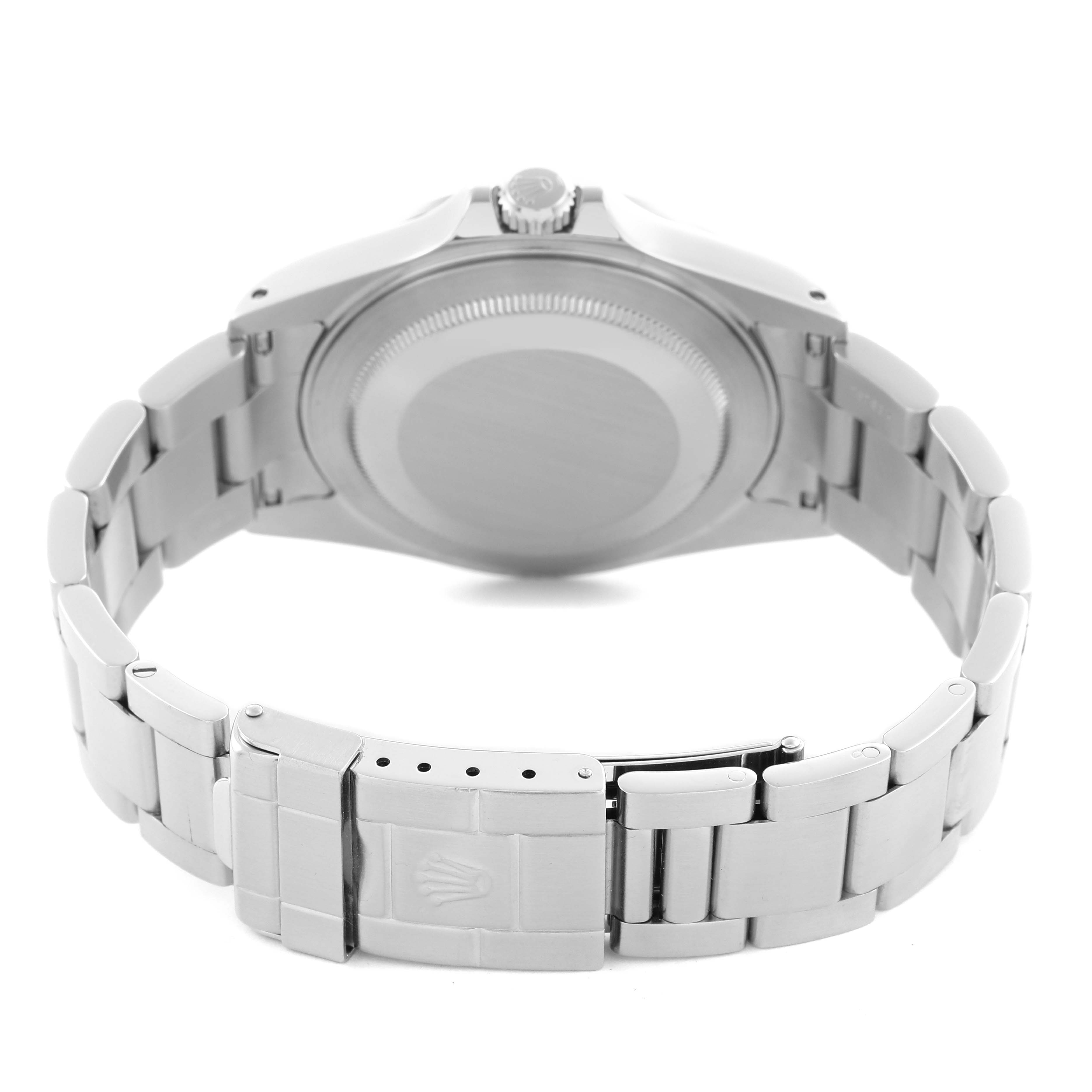 The image shows the back and bracelet of a Rolex Explorer 16570 Men's Stainless Steel Black Dial 16570 Men's Stainless Steel Black Dial watch, highlighting the clasp and case back.