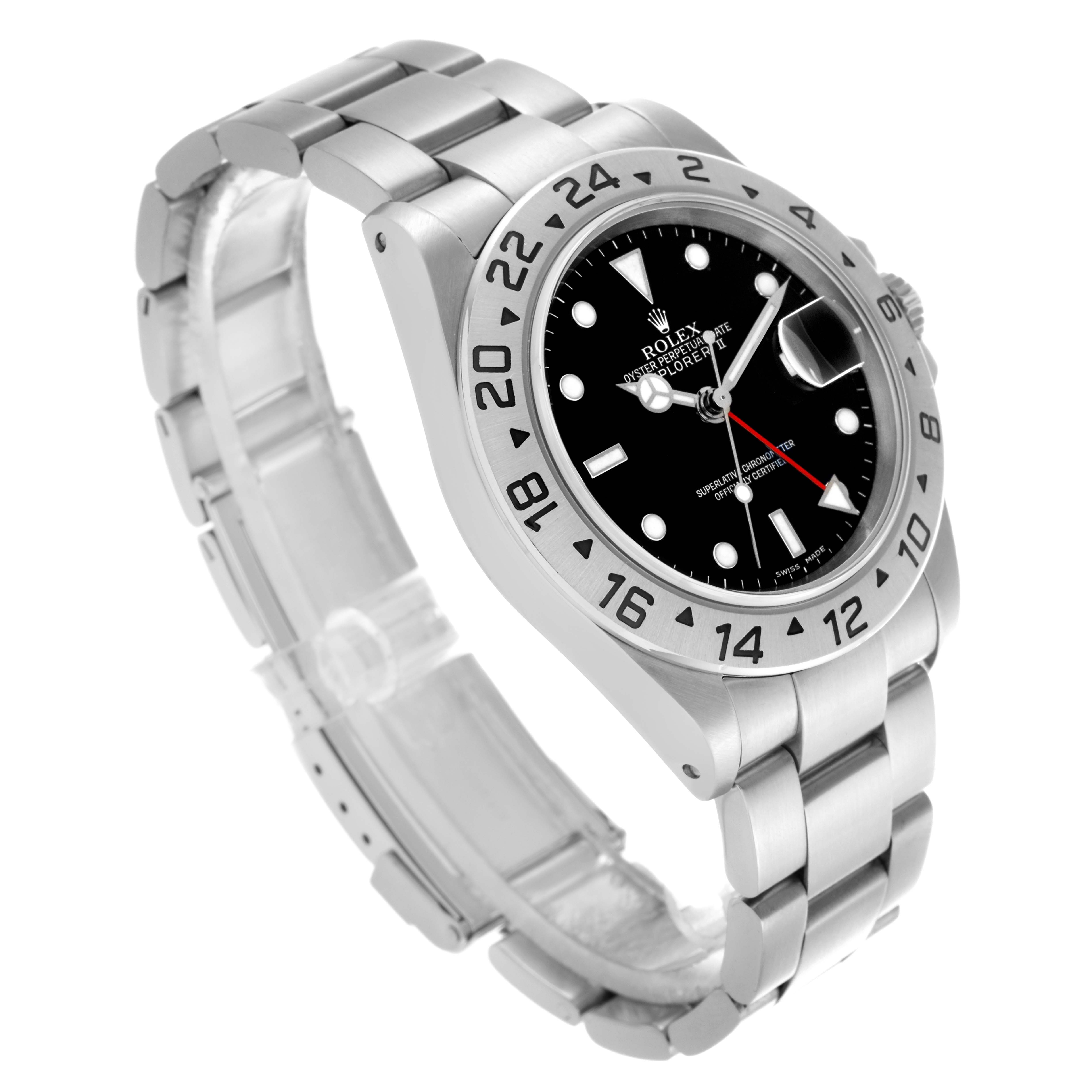 The Rolex Explorer 16570 Men's Stainless Steel Black Dial 16570 Men's Stainless Steel Black Dial watch is shown from an angled view highlighting the bezel, dial, and bracelet.