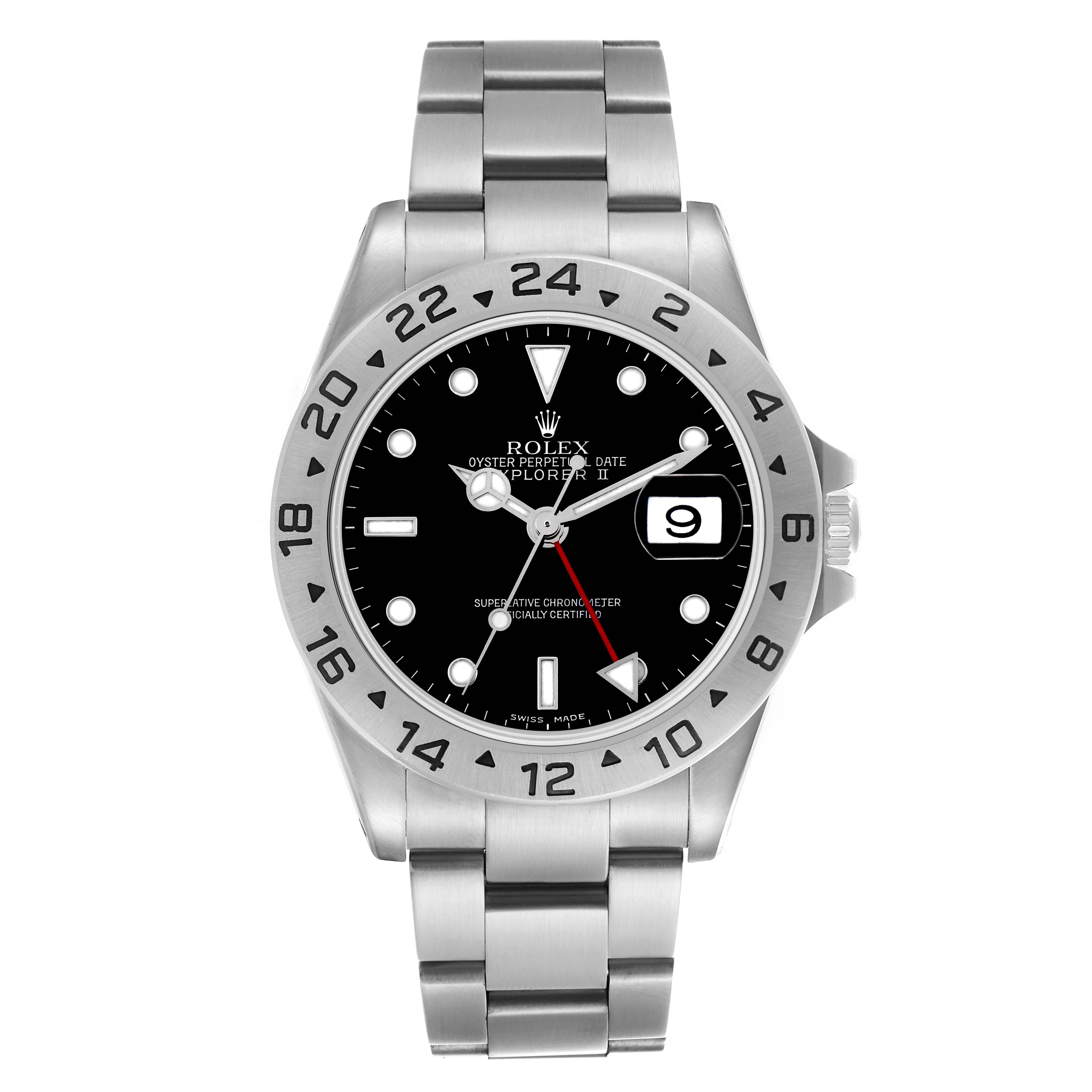 The Rolex Explorer 16570 Men's Stainless Steel Black Dial 16570 Men's Stainless Steel Black Dial watch is shown from the front, featuring its black dial, date window, and stainless steel bracelet.