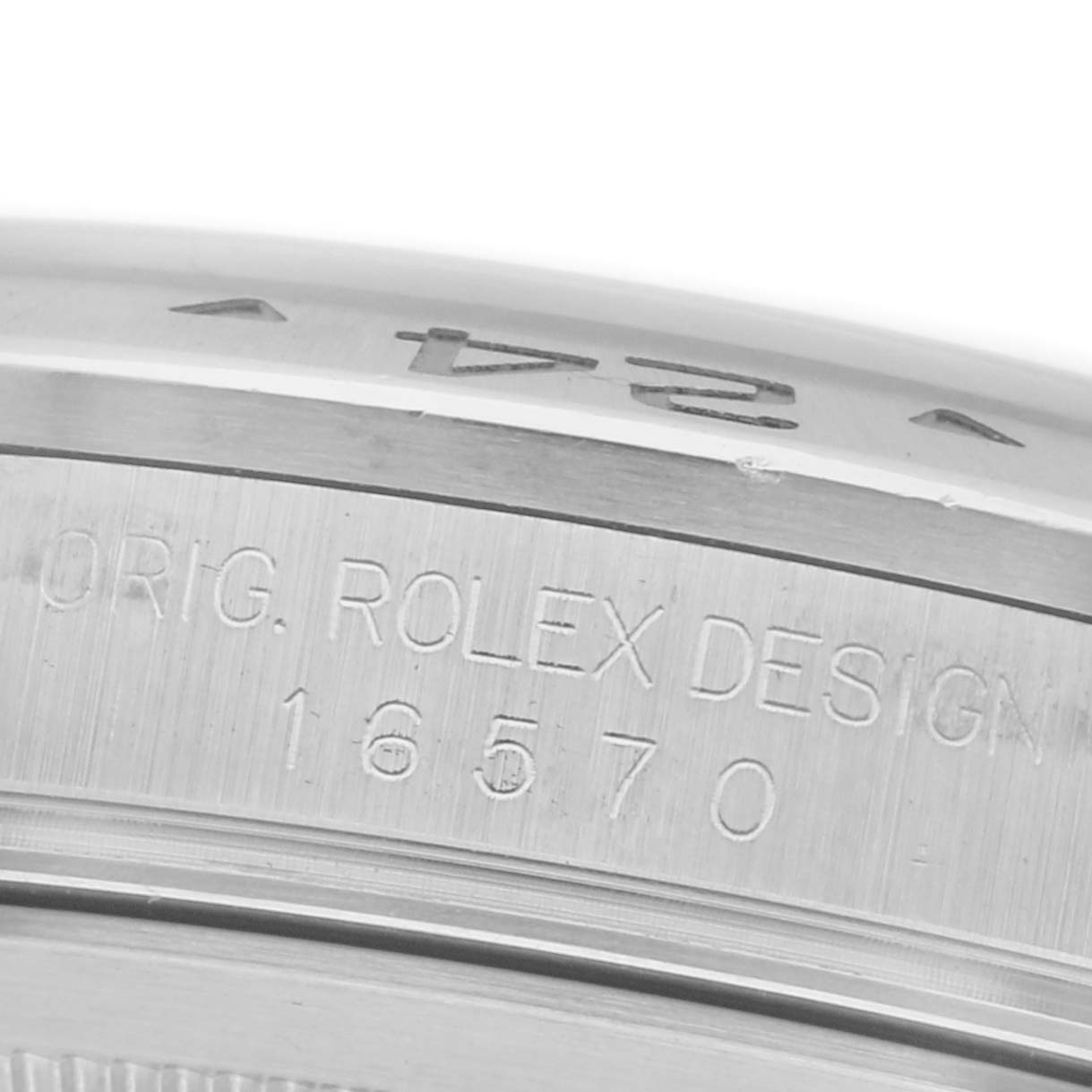 The image shows a close-up of the side of the Rolex Explorer 16570 Men's Stainless Steel Black Dial 16570 Men's Stainless Steel Black Dial watch, highlighting its engraved model details.