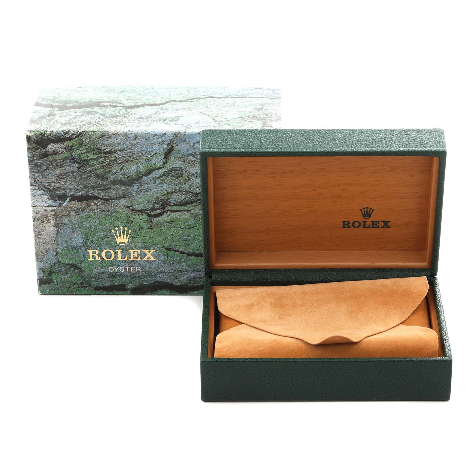 The image shows a Rolex Explorer 16570 Men's Stainless Steel Black Dial 16570 Men's Stainless Steel Black Dial watch box with an open lid, revealing a leather pouch inside.