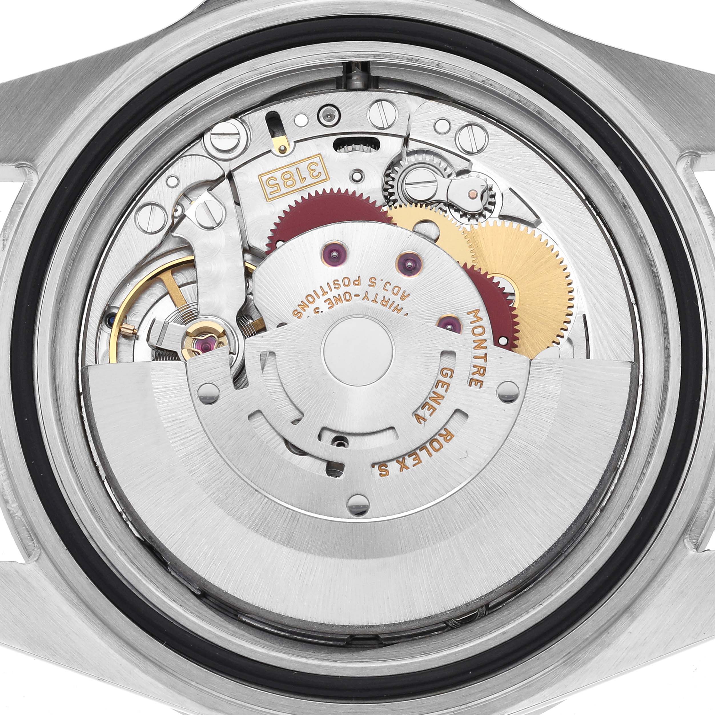 The image shows the internal mechanical movement of a Rolex Explorer 16570 Men's Stainless Steel Black Dial 16570 Men's Stainless Steel Black Dial watch from a rear angle, highlighting gears and components.