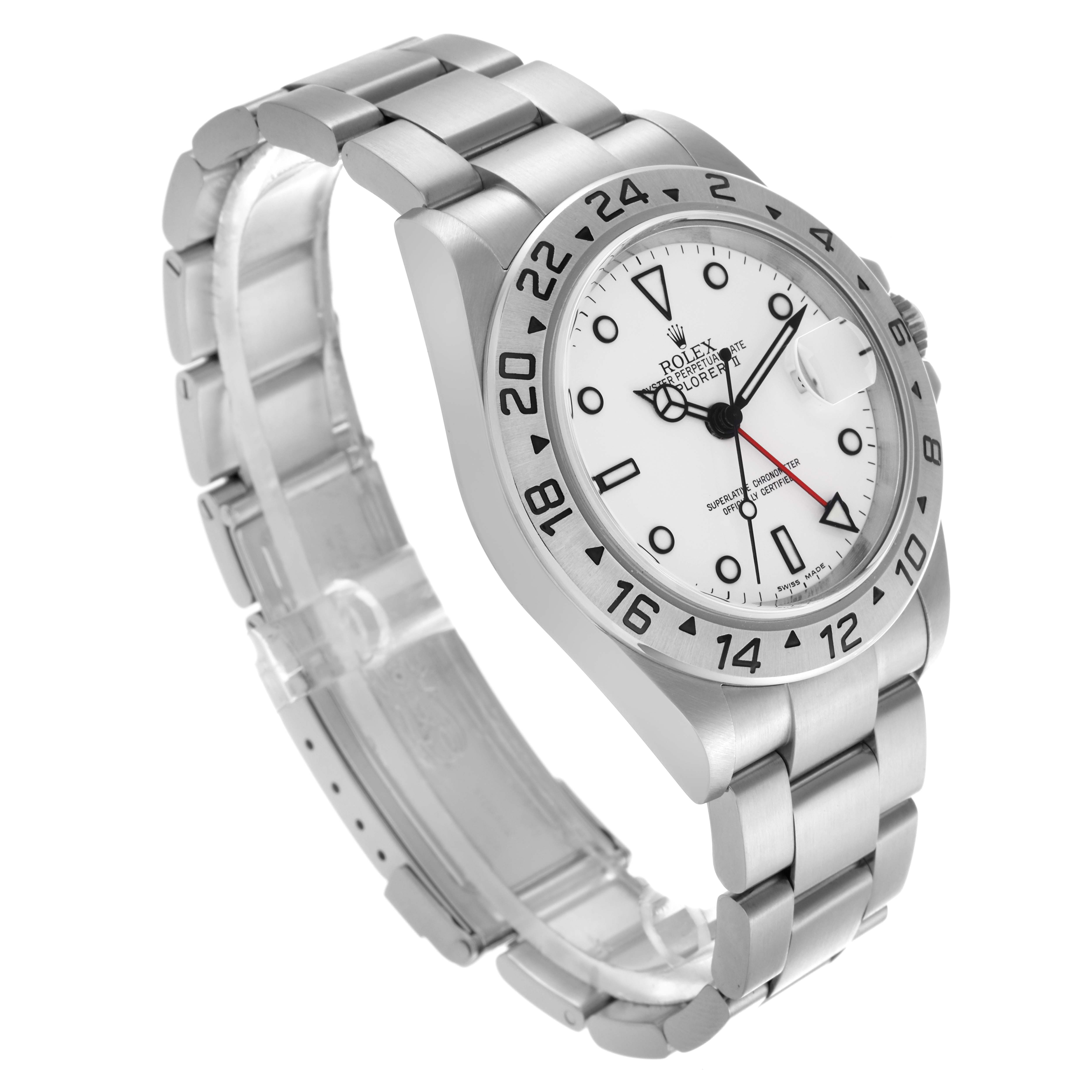 The Rolex Explorer 16570 Men's Stainless Steel White Dial 16570 Men's Stainless Steel White Dial watch is shown at a three-quarter angle, displaying the bezel, dial, hands, and bracelet.