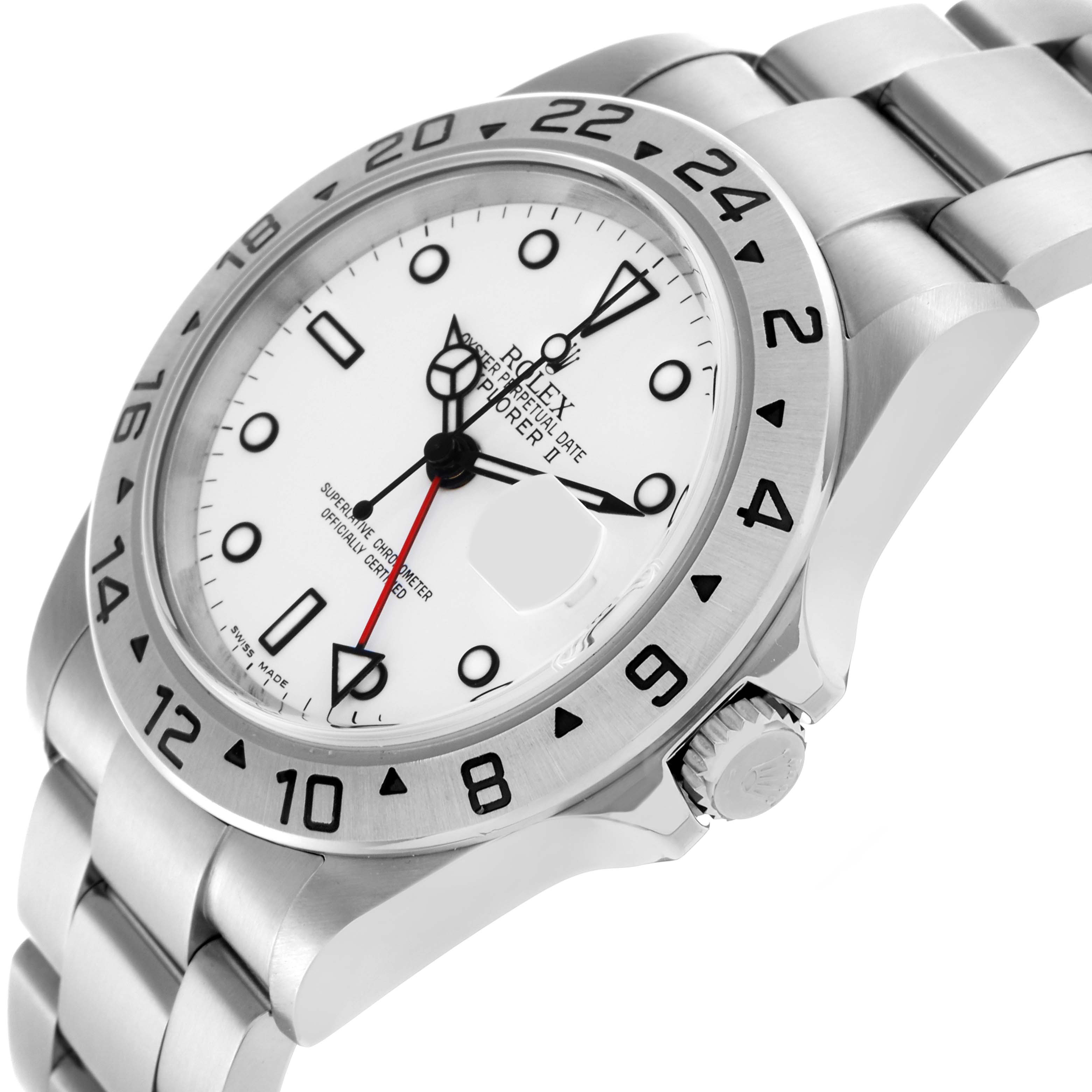 The image shows a tilted view of a Rolex Explorer 16570 Men's Stainless Steel White Dial 16570 Men's Stainless Steel White Dial watch, highlighting the bezel, crown, bracelet, and dial.