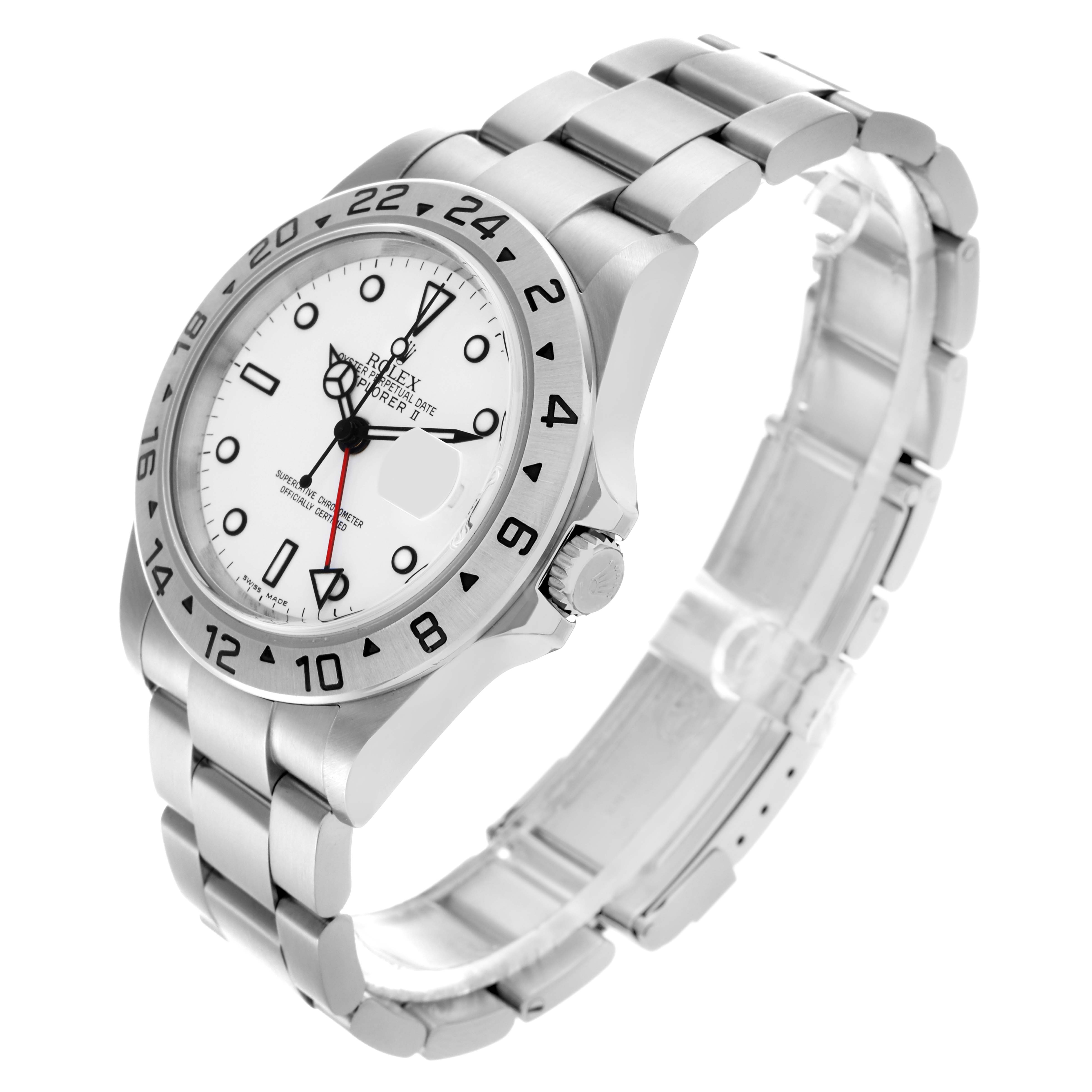 The Rolex Explorer 16570 Men's Stainless Steel White Dial 16570 Men's Stainless Steel White Dial watch is shown at a three-quarter angle, highlighting the dial, bezel, crown, and bracelet.
