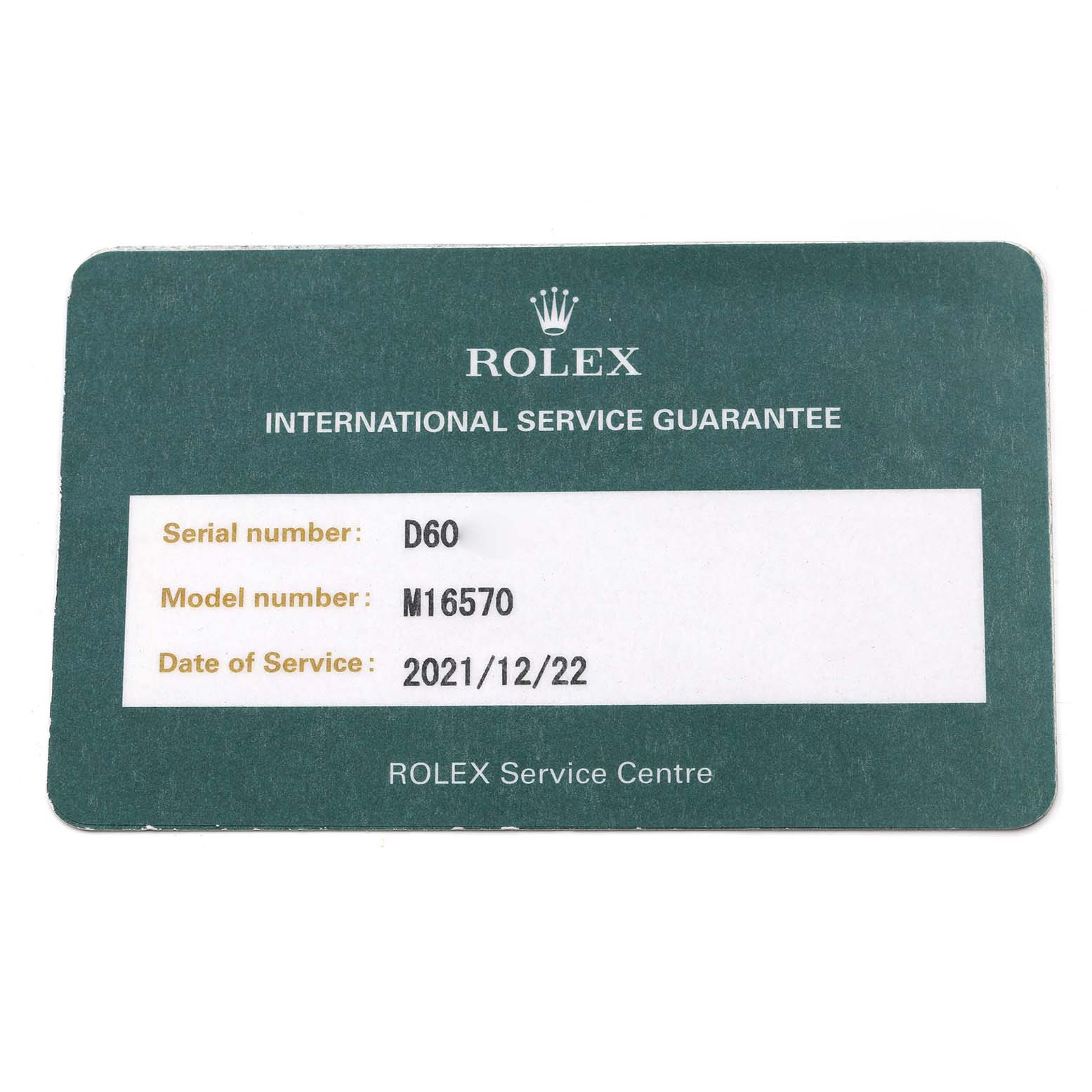 The image shows a Rolex International Service Guarantee card for the Explorer model.