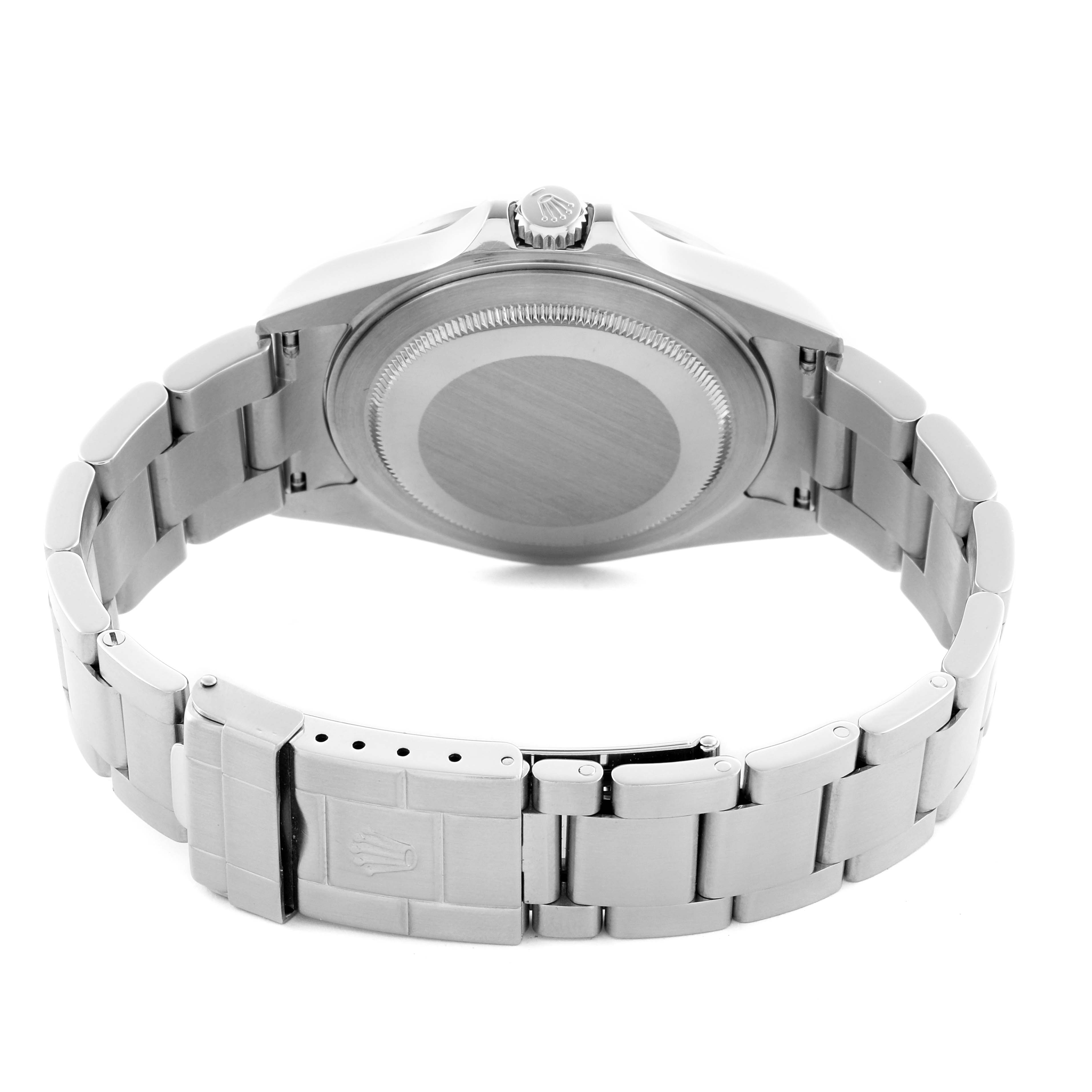 The Rolex Explorer 16570 Men's Stainless Steel White Dial 16570 Men's Stainless Steel White Dial watch is shown from the back, highlighting the case back, bracelet, and clasp.