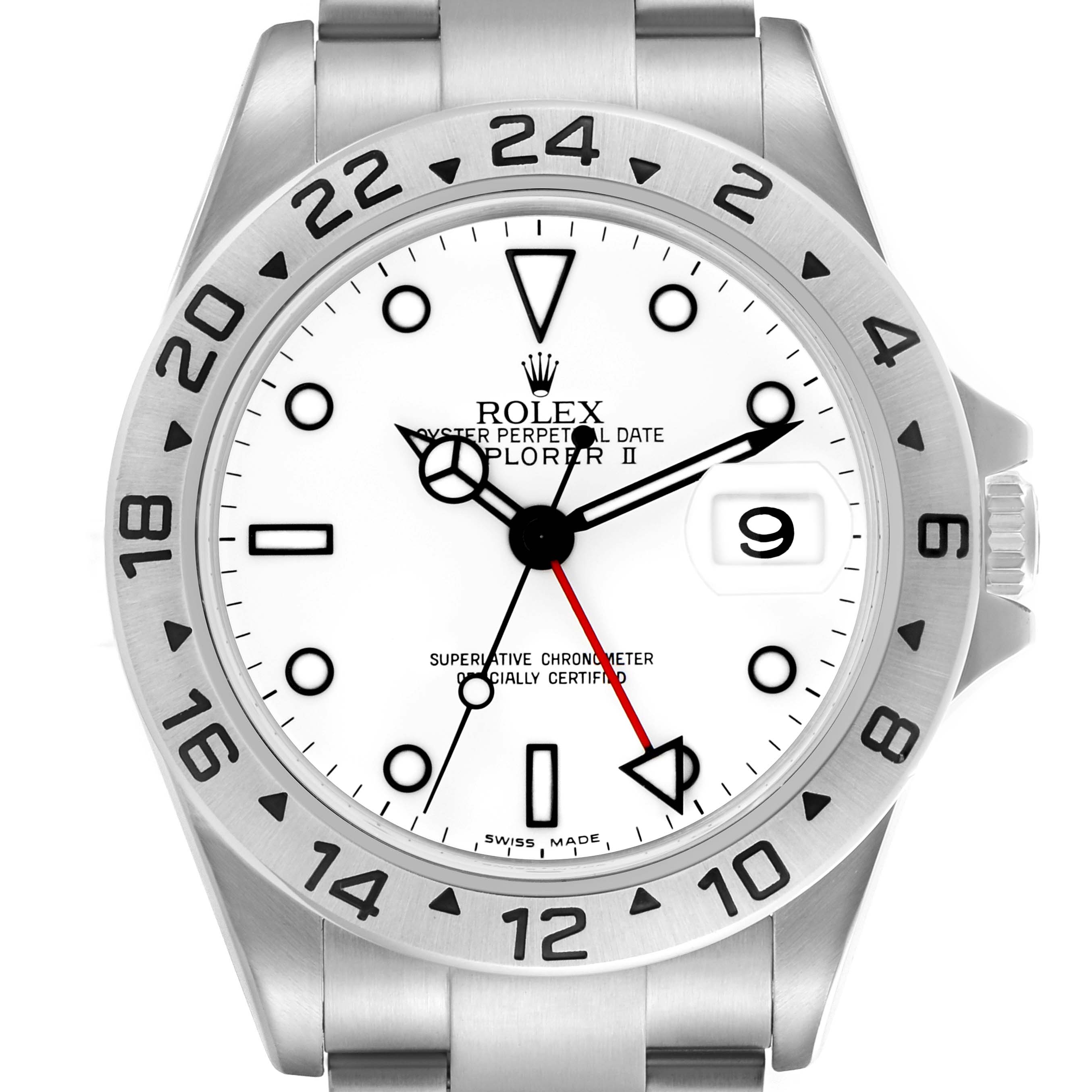 The image shows a frontal view of the Rolex Explorer 16570 Men's Stainless Steel White Dial 16570 Men's Stainless Steel White Dial watch, highlighting its dial, bezel, and bracelet.