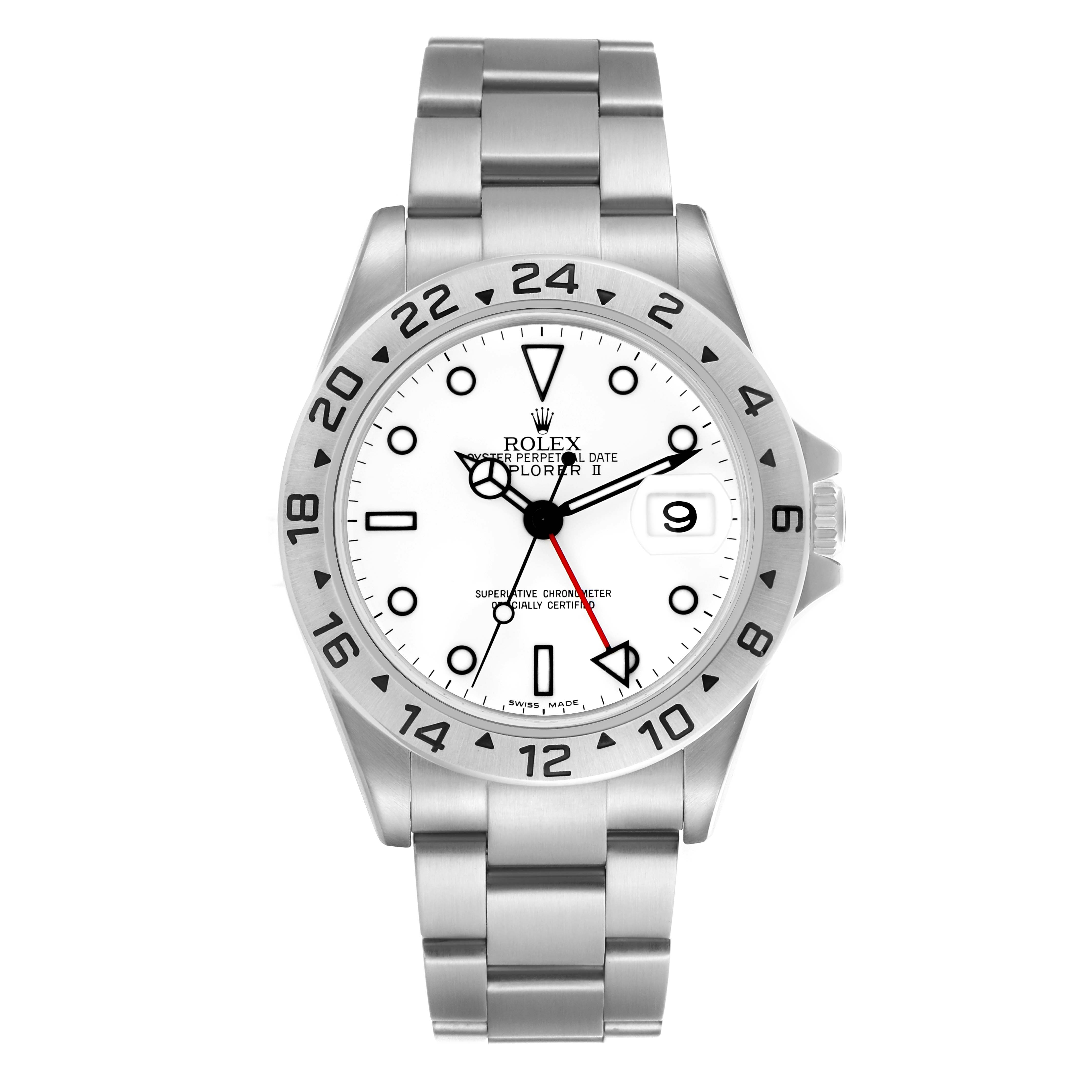 The Rolex Explorer 16570 Men's Stainless Steel White Dial 16570 Men's Stainless Steel White Dial watch is shown from a front angle, displaying its dial, bezel, hands, and bracelet.