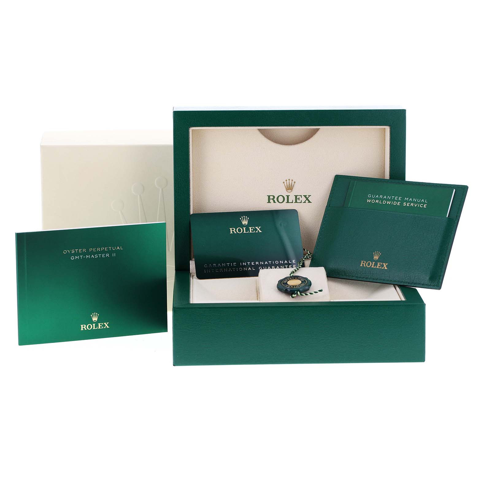 This image shows the packaging, manuals, and accessories for a Rolex GMT-Master 126711CHNR Men's Steel and Gold (two tone) Black Dial 126711CHNR Men's Steel and Gold (two tone) Black Dial II watch.