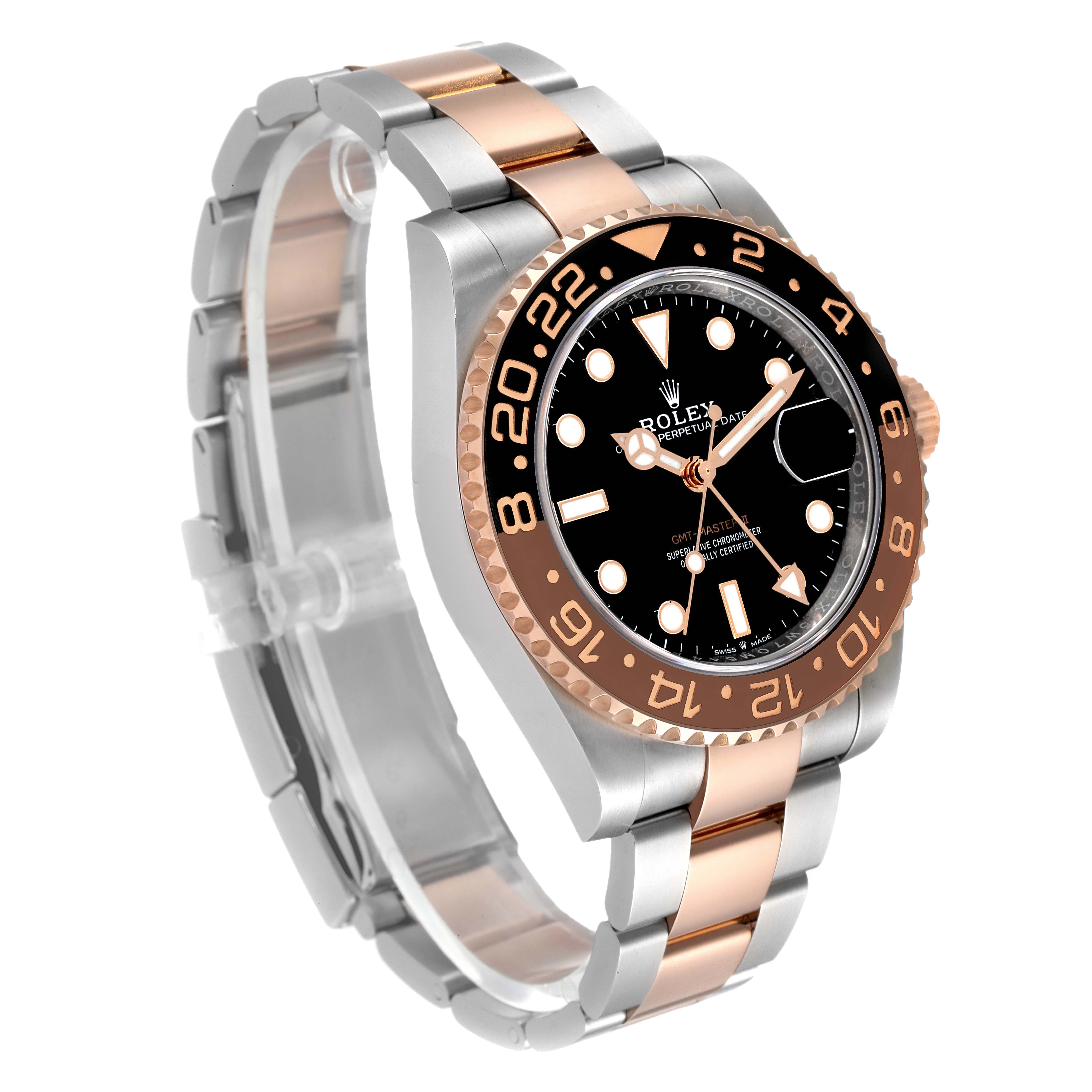 The image shows a left-side view of a Rolex GMT-Master 126711CHNR Men's Steel and Gold (two tone) Black Dial 126711CHNR Men's Steel and Gold (two tone) Black Dial watch featuring a black dial, two-tone bezel, and two-tone bracelet.