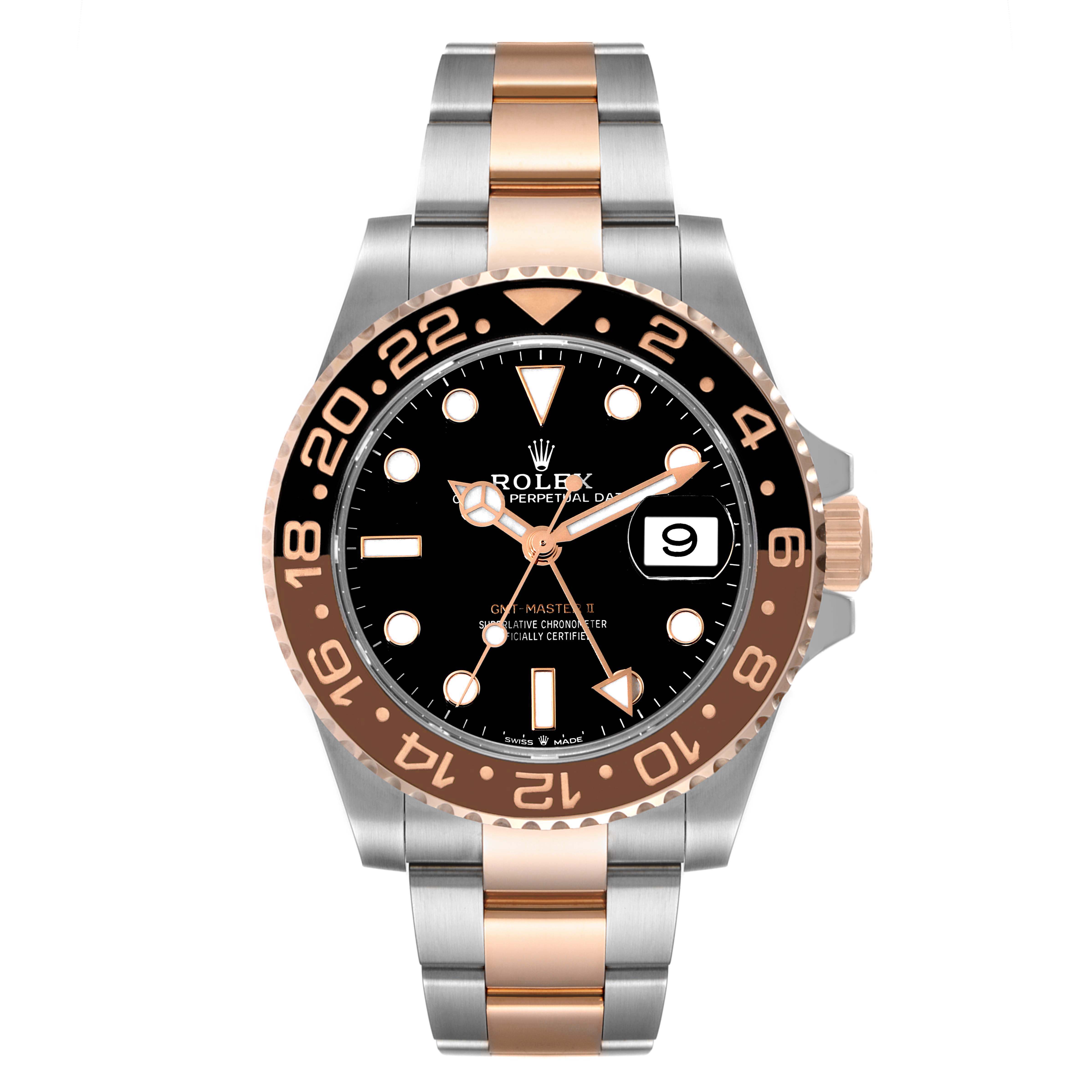 This image shows a front view of the Rolex GMT-Master 126711CHNR Men's Steel and Gold (two tone) Black Dial 126711CHNR Men's Steel and Gold (two tone) Black Dial watch, highlighting its bezel, dial, and two-tone bracelet.