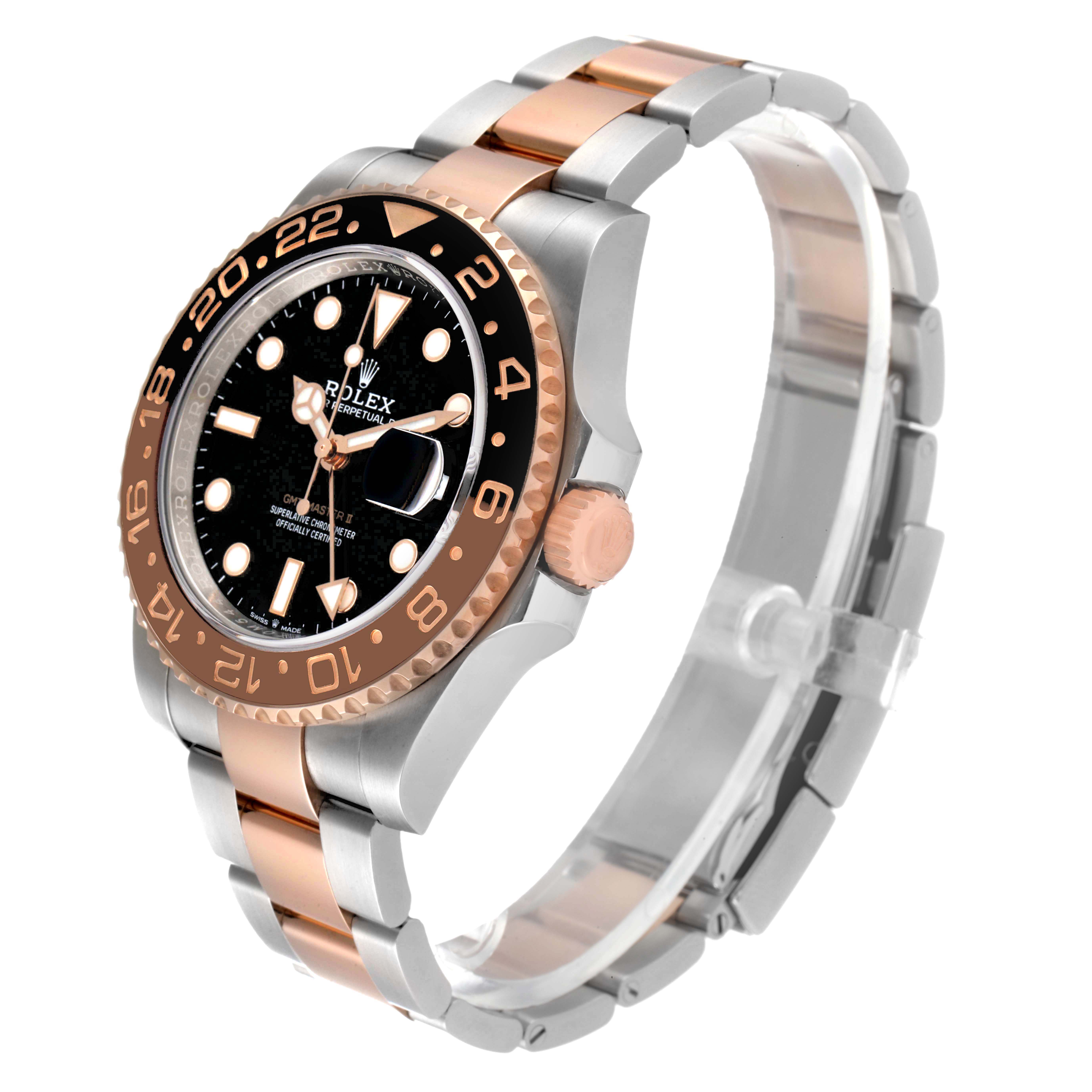 This image shows a side view of a Rolex GMT-Master 126711CHNR Men's Steel and Gold (two tone) Black Dial 126711CHNR Men's Steel and Gold (two tone) Black Dial watch, featuring a black dial, two-tone bezel, and two-tone metal bracelet.