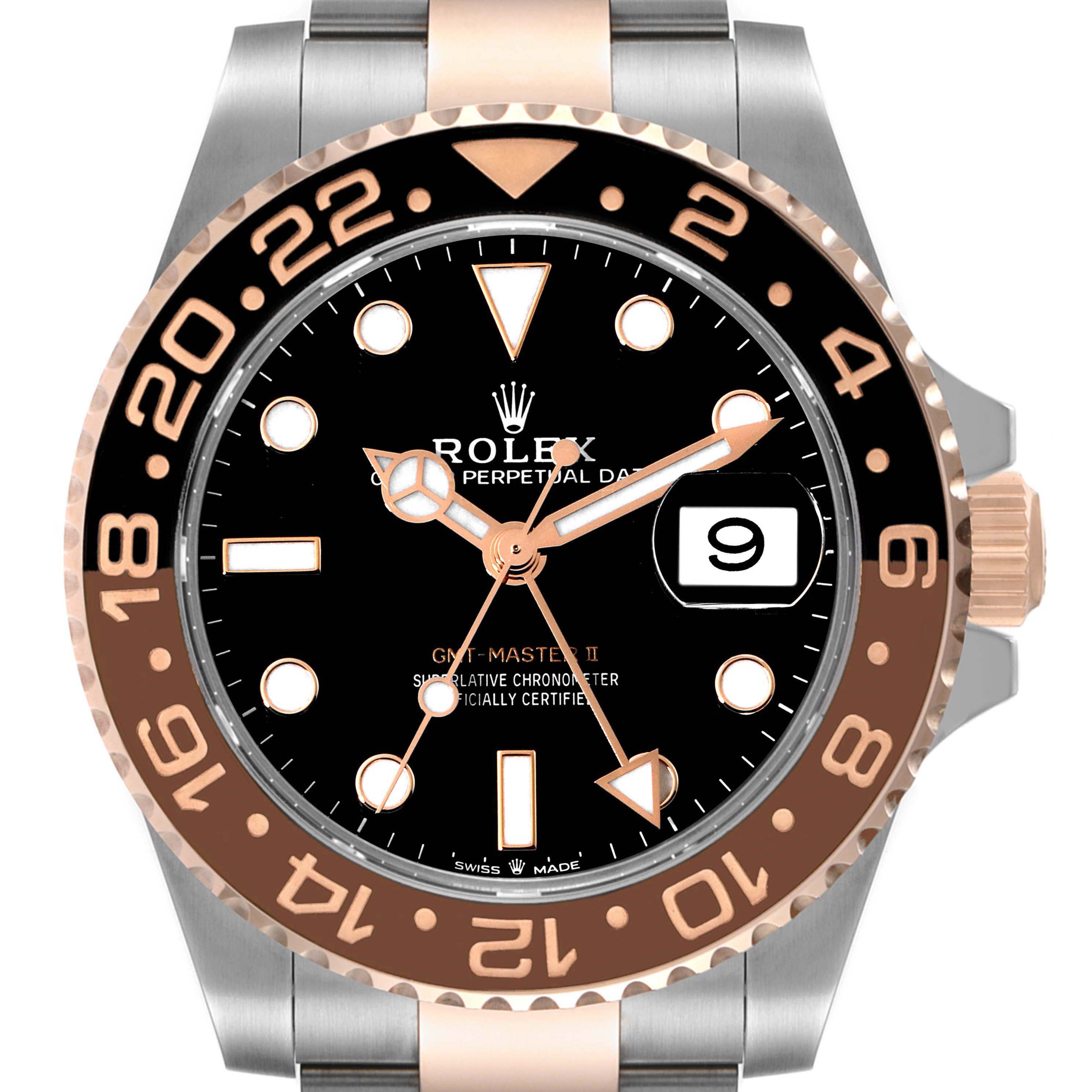 The image shows a front view of the Rolex GMT-Master 126711CHNR Men's Steel and Gold (two tone) Black Dial 126711CHNR Men's Steel and Gold (two tone) Black Dial II watch, highlighting its bezel, crown, dial, and bracelet.