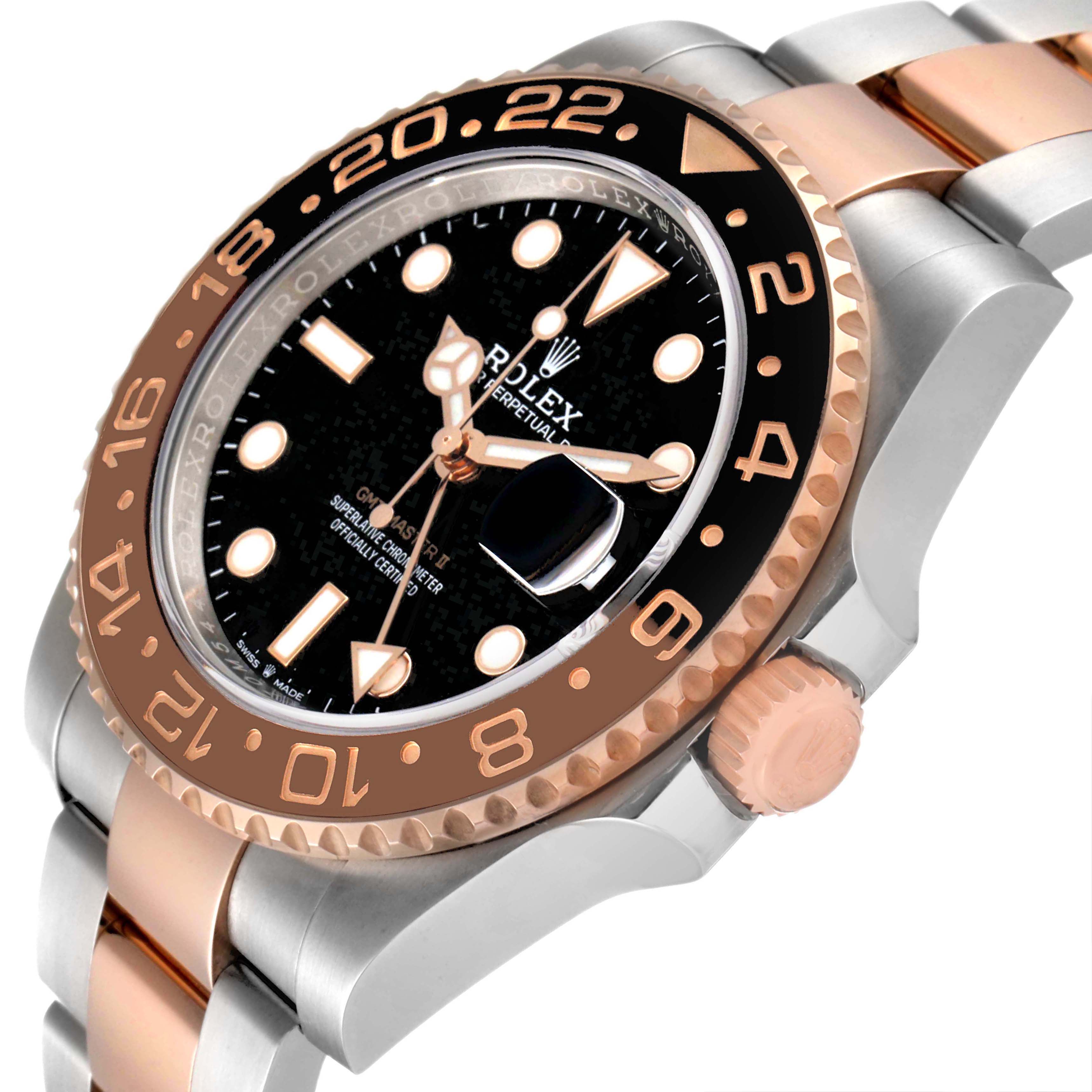 This image shows a close-up angled view of a Rolex GMT-Master 126711CHNR Men's Steel and Gold (two tone) Black Dial 126711CHNR Men's Steel and Gold (two tone) Black Dial watch, highlighting the bezel, dial, and part of the bracelet and crown.