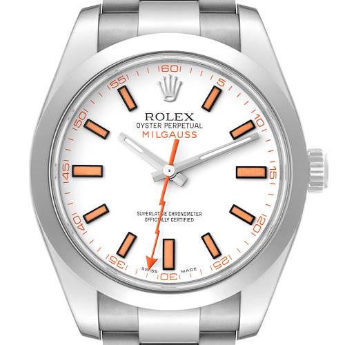 Photo of Rolex Milgauss White Dial Orange Markers Steel Mens Watch 116400 Box Card