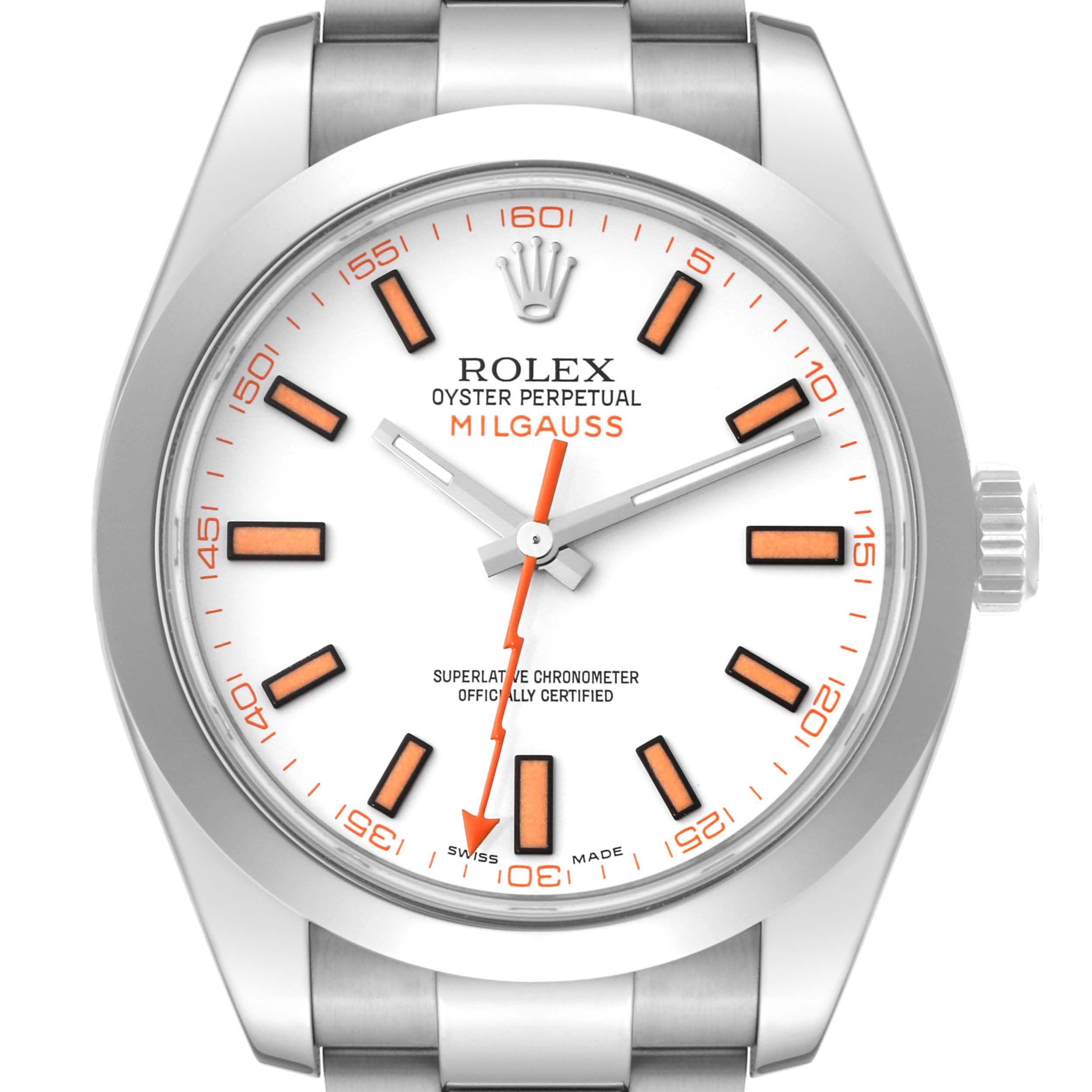 The image shows a frontal view of a Rolex Milgauss 116400 Men's Stainless Steel White Dial 116400 Men's Stainless Steel White Dial watch, highlighting the dial, markers, hands, and part of the bezel and bracelet.