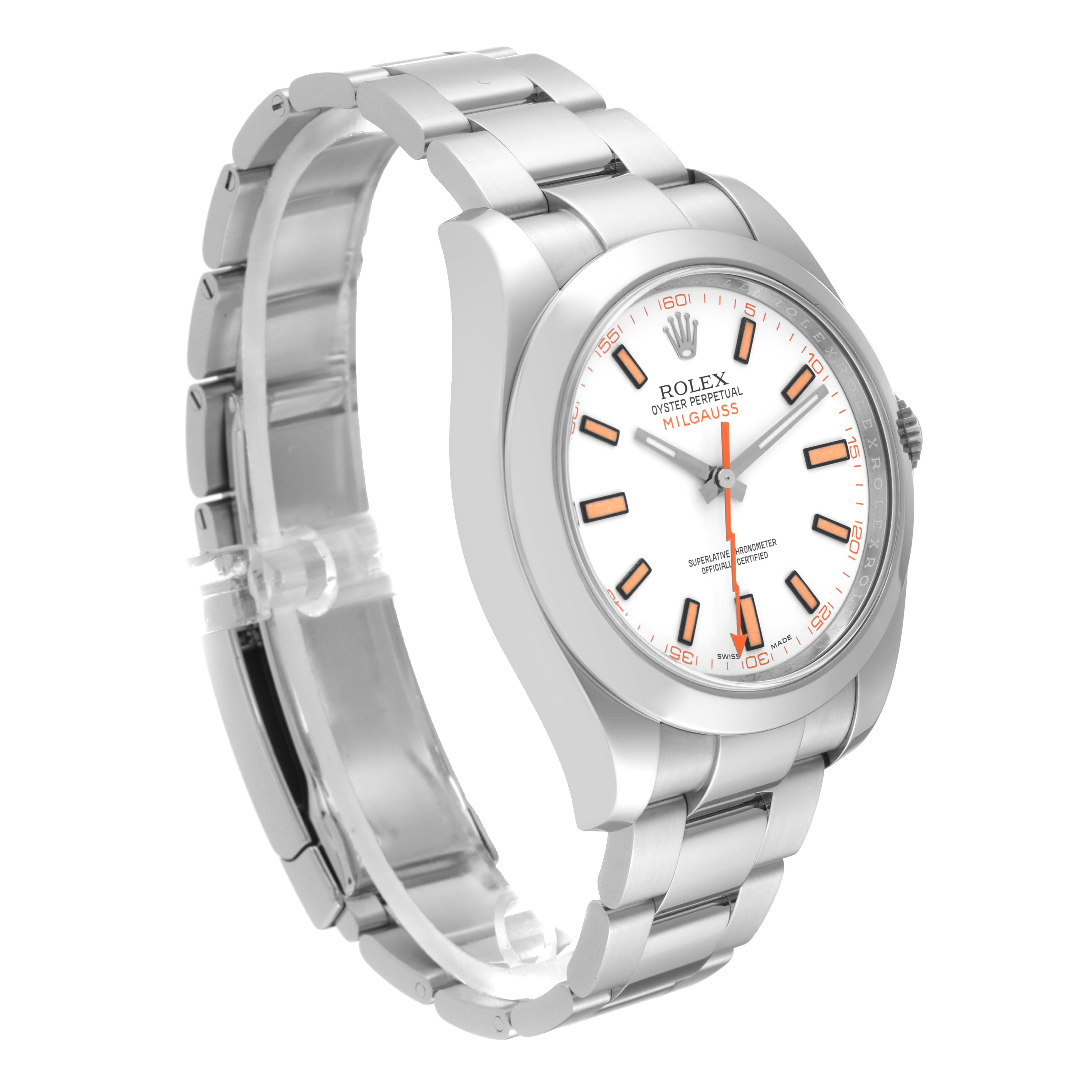 The image shows a Rolex Milgauss 116400 Men's Stainless Steel White Dial 116400 Men's Stainless Steel White Dial watch at a slight angle, displaying its case, bracelet, and dial clearly.