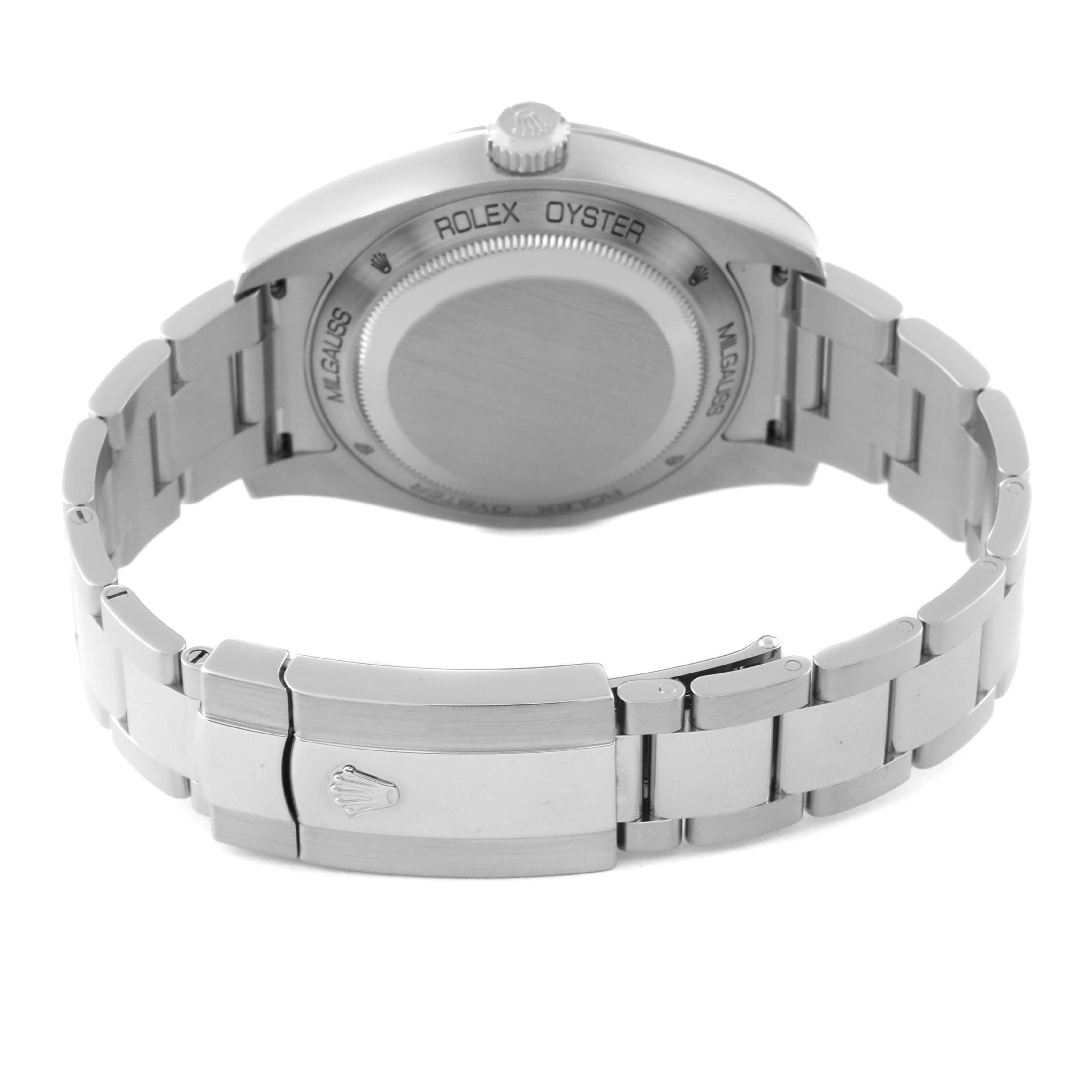 This image shows the back and bracelet of a Rolex Milgauss 116400 Men's Stainless Steel White Dial 116400 Men's Stainless Steel White Dial watch, with the case back and clasp visible.