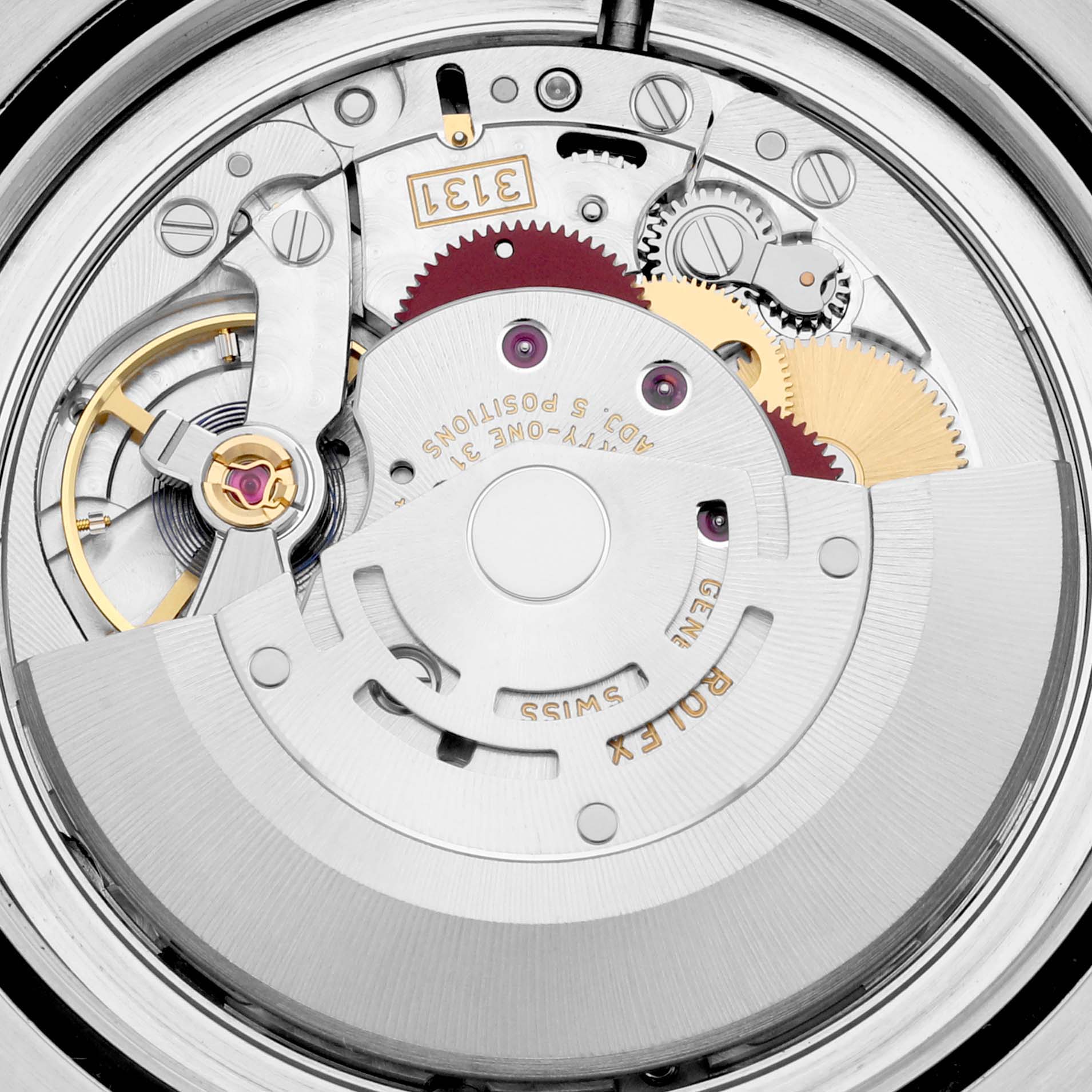 This is an up-close shot of the movement and mechanism of a Rolex Milgauss 116400 Men's Stainless Steel White Dial 116400 Men's Stainless Steel White Dial watch.