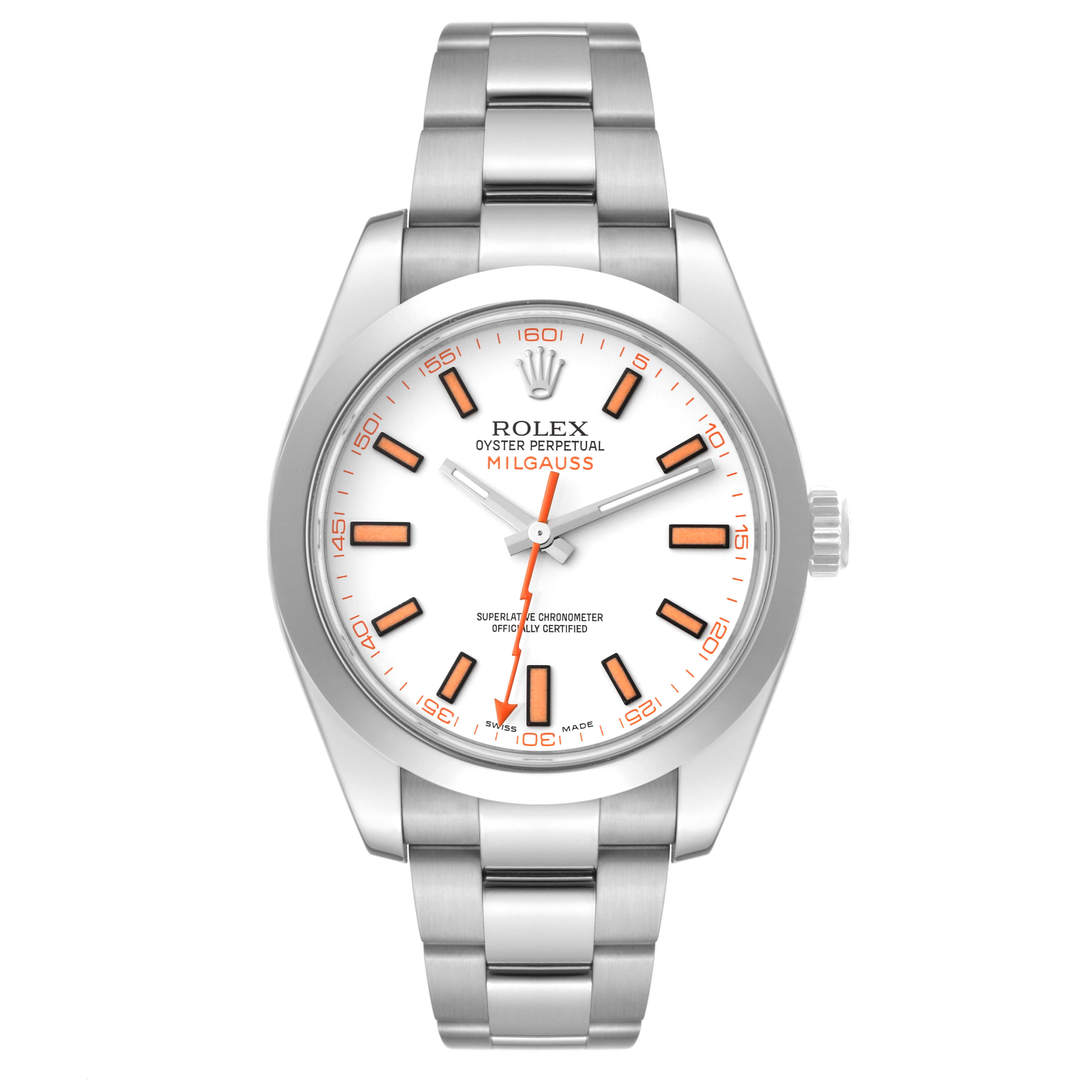 The image shows a front view of the Rolex Milgauss 116400 Men's Stainless Steel White Dial 116400 Men's Stainless Steel White Dial watch, highlighting its dial, hands, markers, and bracelet.