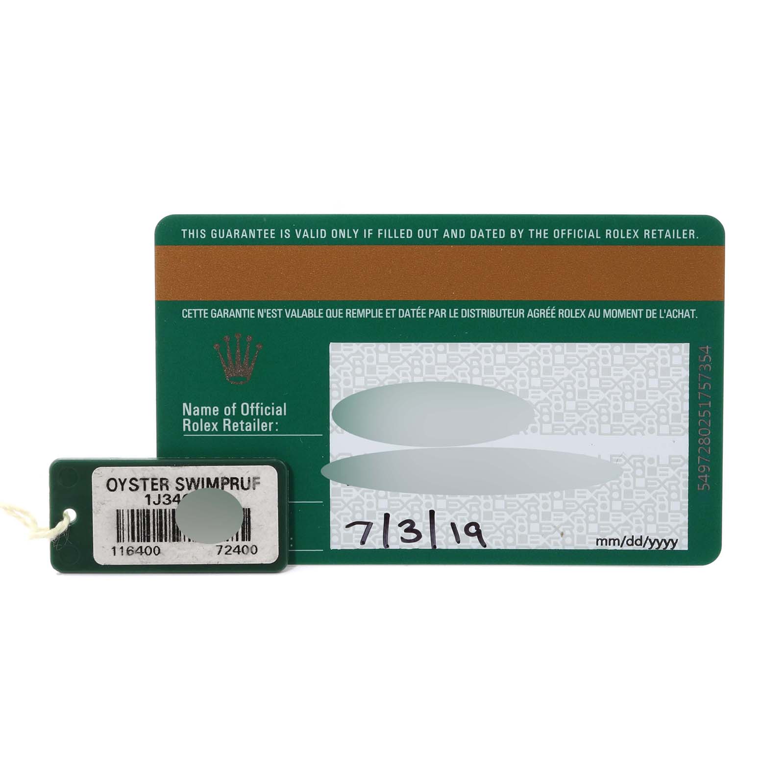 The image shows a warranty card and tag for the Rolex Milgauss 116400 Men's Stainless Steel White Dial 116400 Men's Stainless Steel White Dial model, featuring textual details and a partially filled date.