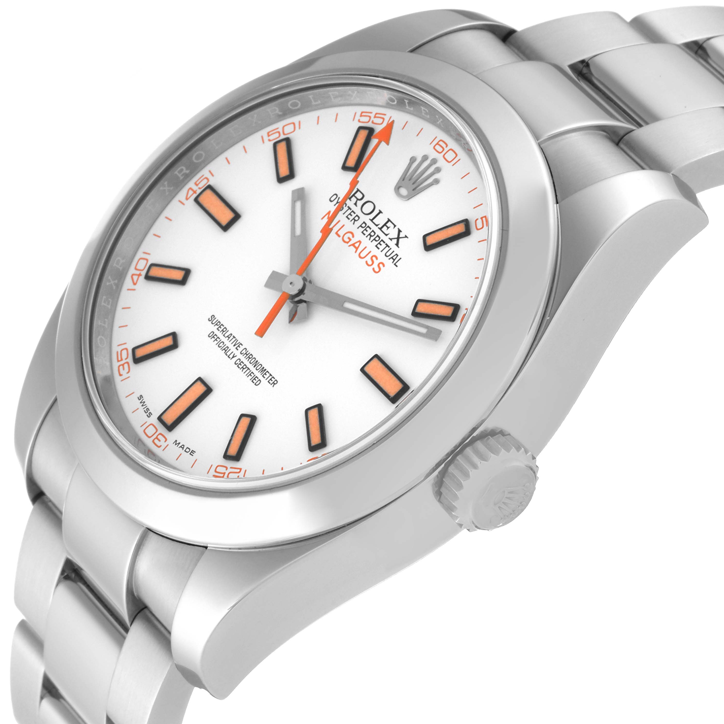 The image shows a close-up angle of the Rolex Milgauss 116400 Men's Stainless Steel White Dial 116400 Men's Stainless Steel White Dial watch, highlighting its white dial, orange hour markers, and stainless steel bracelet.