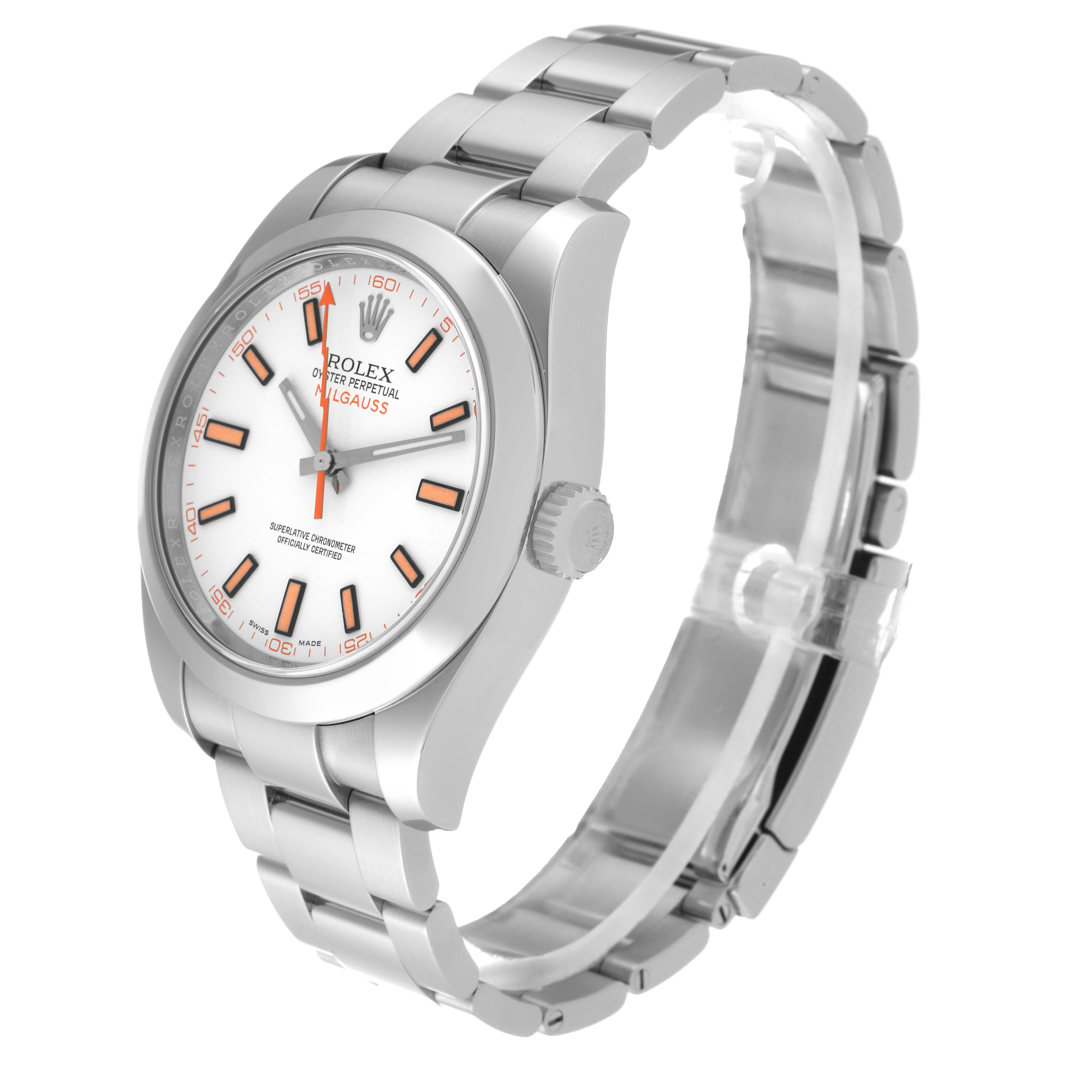 The image shows a Rolex Milgauss 116400 Men's Stainless Steel White Dial 116400 Men's Stainless Steel White Dial watch at a three-quarter angle, highlighting its dial, bezel, crown, and bracelet.