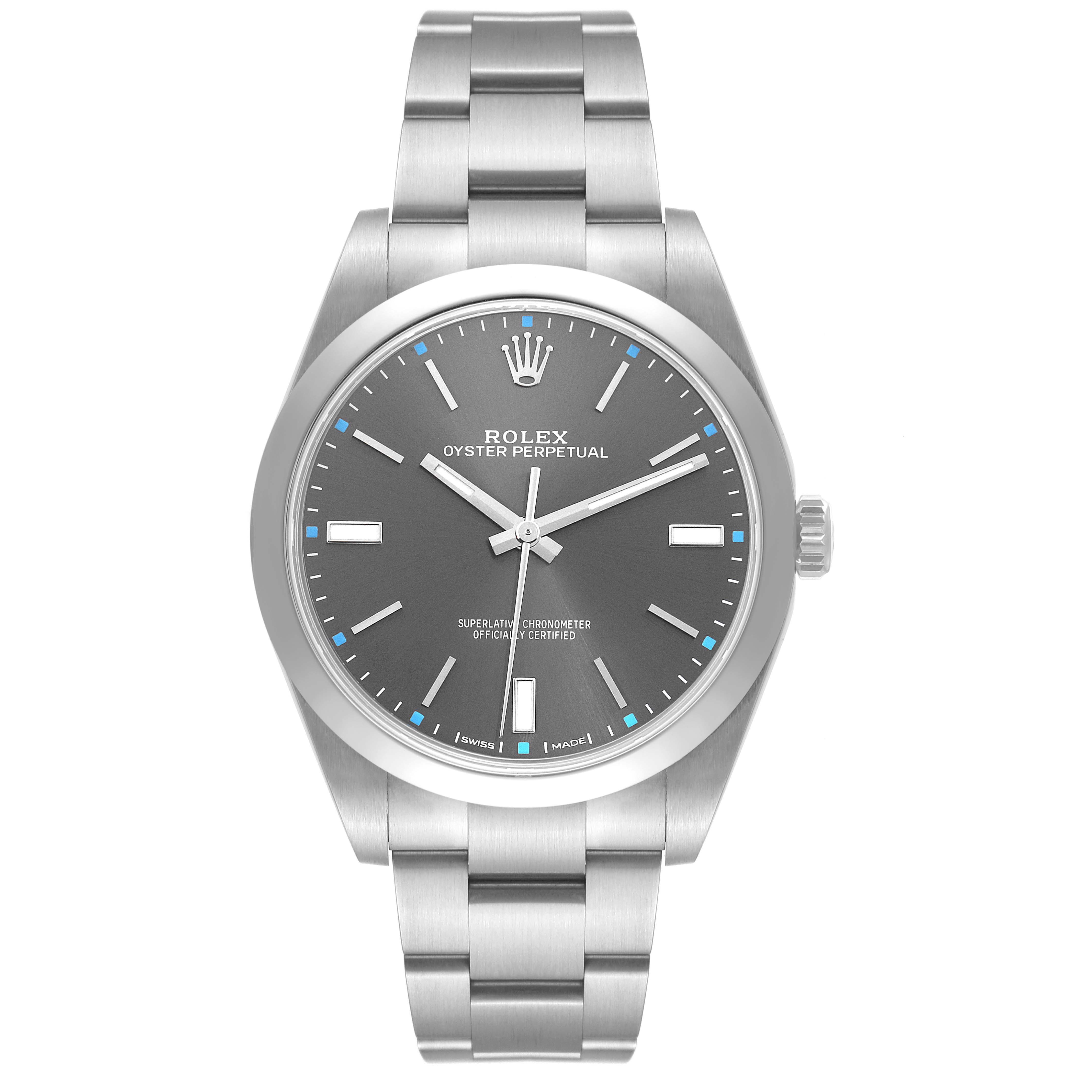 This image shows a front view of the Rolex Oyster Perpetual 114300 Men
s Stainless Steel Grey Dial 114300 Men
s Stainless Steel Grey Dial watch, highlighting its face, bezel, and bracelet.