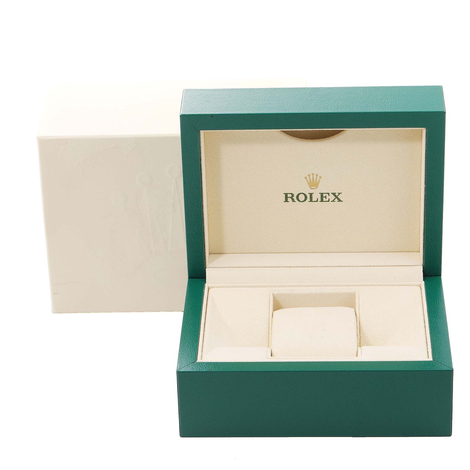 The image shows an open Rolex Oyster Perpetual 114300 Men
s Stainless Steel Grey Dial 114300 Men
s Stainless Steel Grey Dial watch box at an eye-level angle.