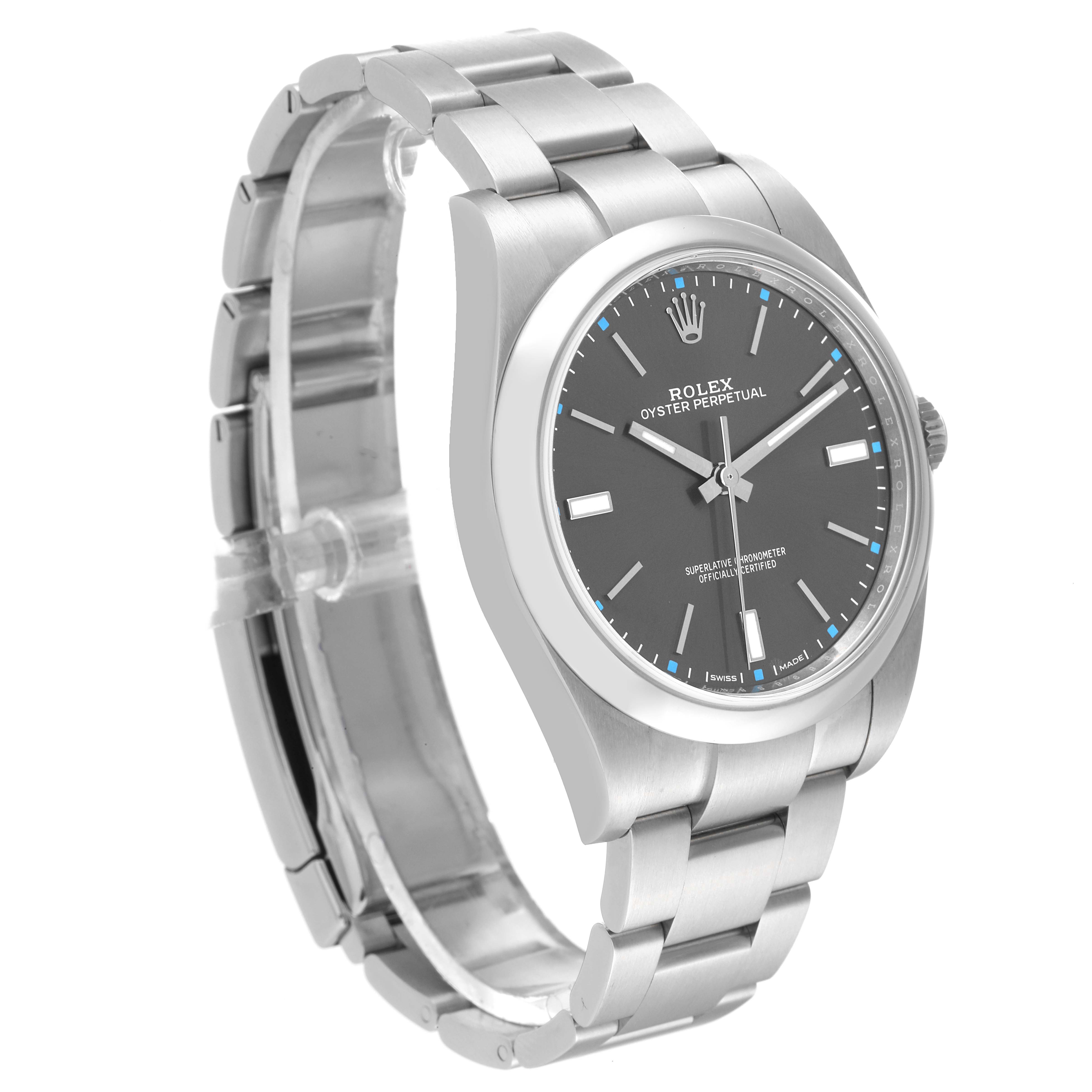 The Rolex Oyster Perpetual 114300 Men
s Stainless Steel Grey Dial 114300 Men
s Stainless Steel Grey Dial watch is shown from a left-angled side view, displaying the face, bezel, and part of the bracelet.