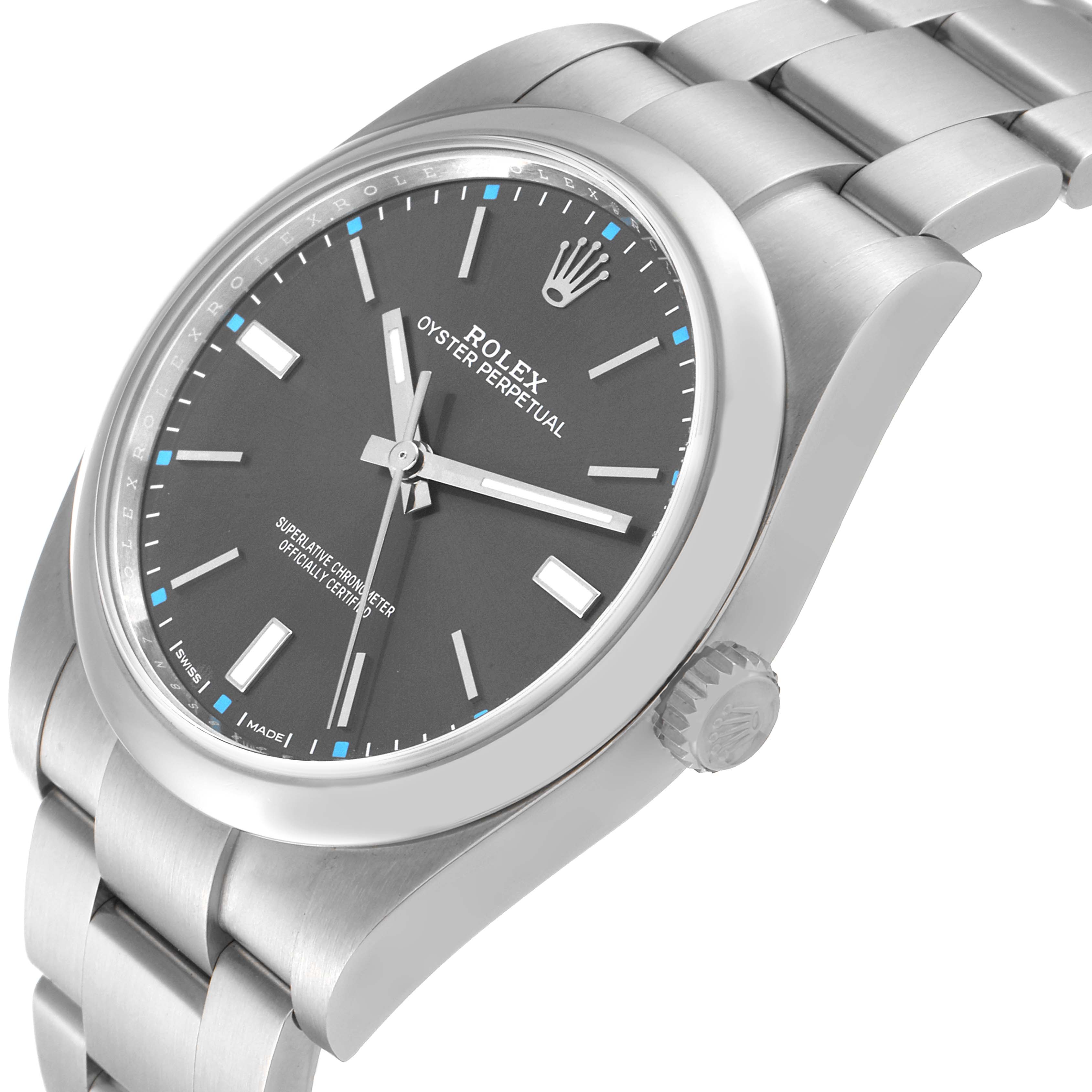 The image shows a side angle of the Rolex Oyster Perpetual 114300 Men
s Stainless Steel Grey Dial 114300 Men
s Stainless Steel Grey Dial watch, highlighting the watch face, crown, and metal bracelet.