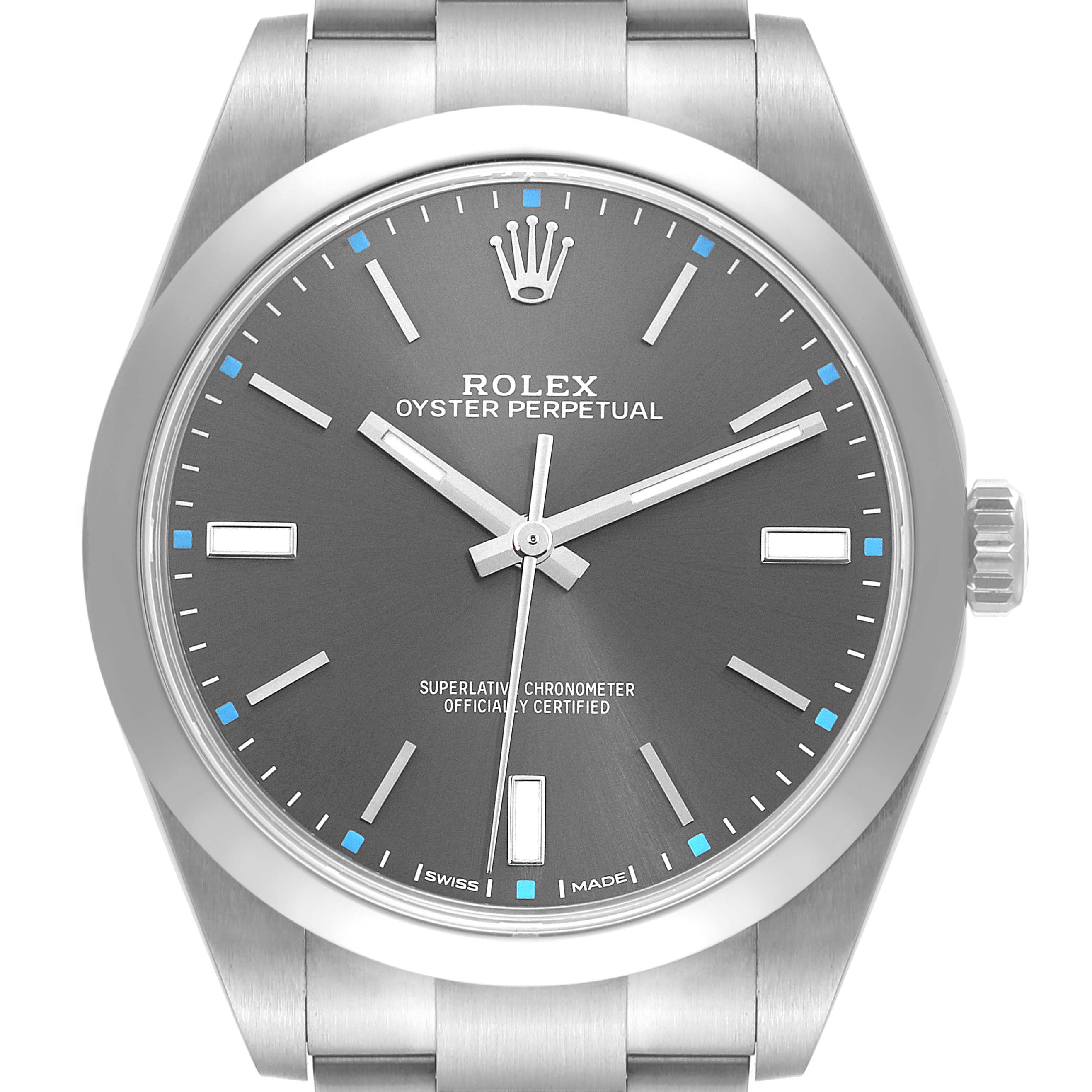 This is a front-facing view of a Rolex Oyster Perpetual 114300 Men
s Stainless Steel Grey Dial 114300 Men
s Stainless Steel Grey Dial watch displaying its dial, hands, crown, and part of the stainless steel bracelet.