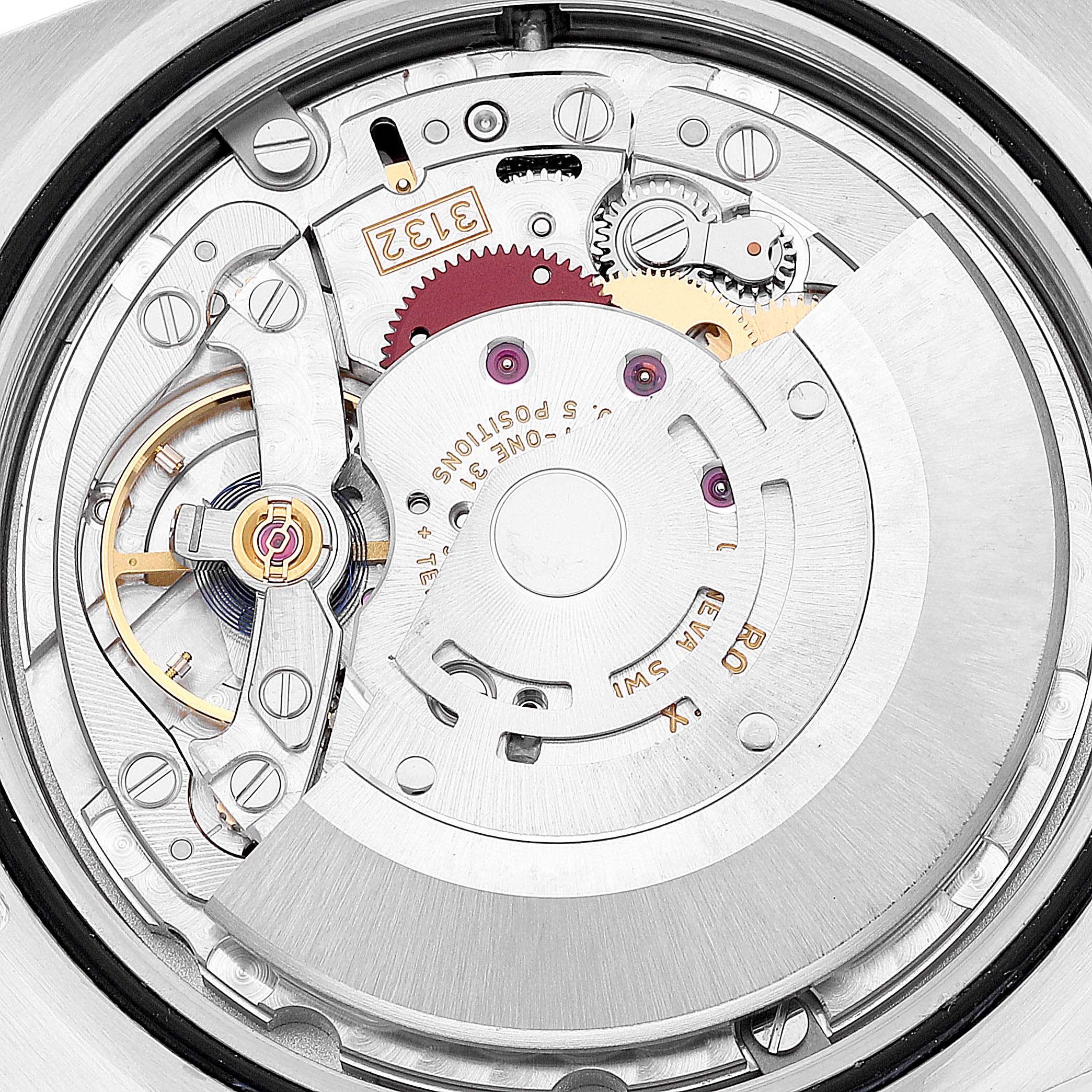 This image shows the internal movement mechanism of a Rolex Oyster Perpetual 114300 Men
s Stainless Steel Grey Dial 114300 Men
s Stainless Steel Grey Dial watch from a close-up angle.
