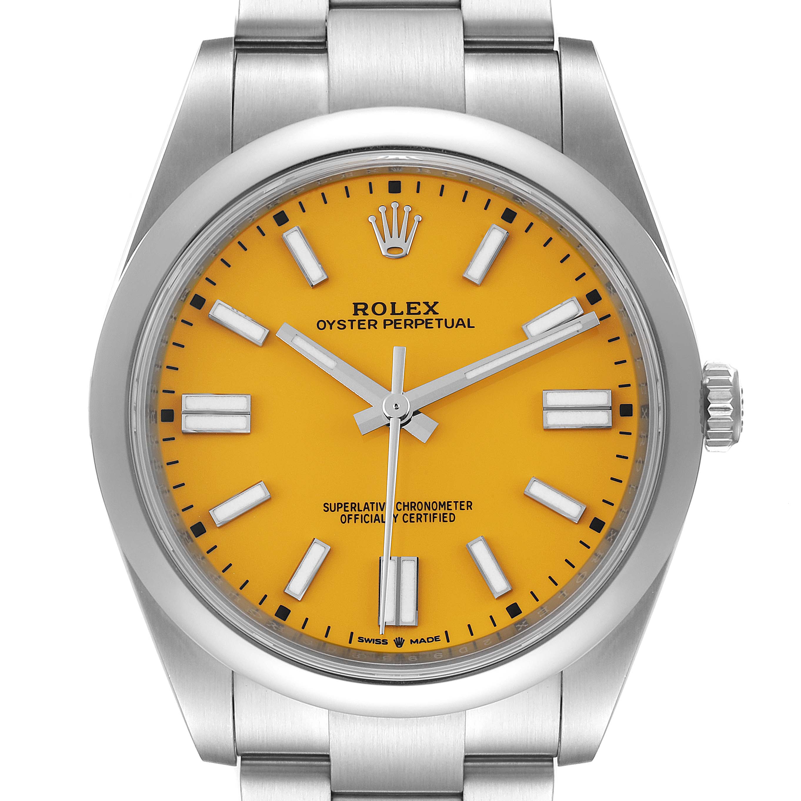 The image shows a frontal view of the Rolex Oyster Perpetual 124300 Men's Stainless Steel Yellow Dial 124300 Men's Stainless Steel Yellow Dial watch, displaying its yellow dial, hour markers, hands, and part of the bracelet.