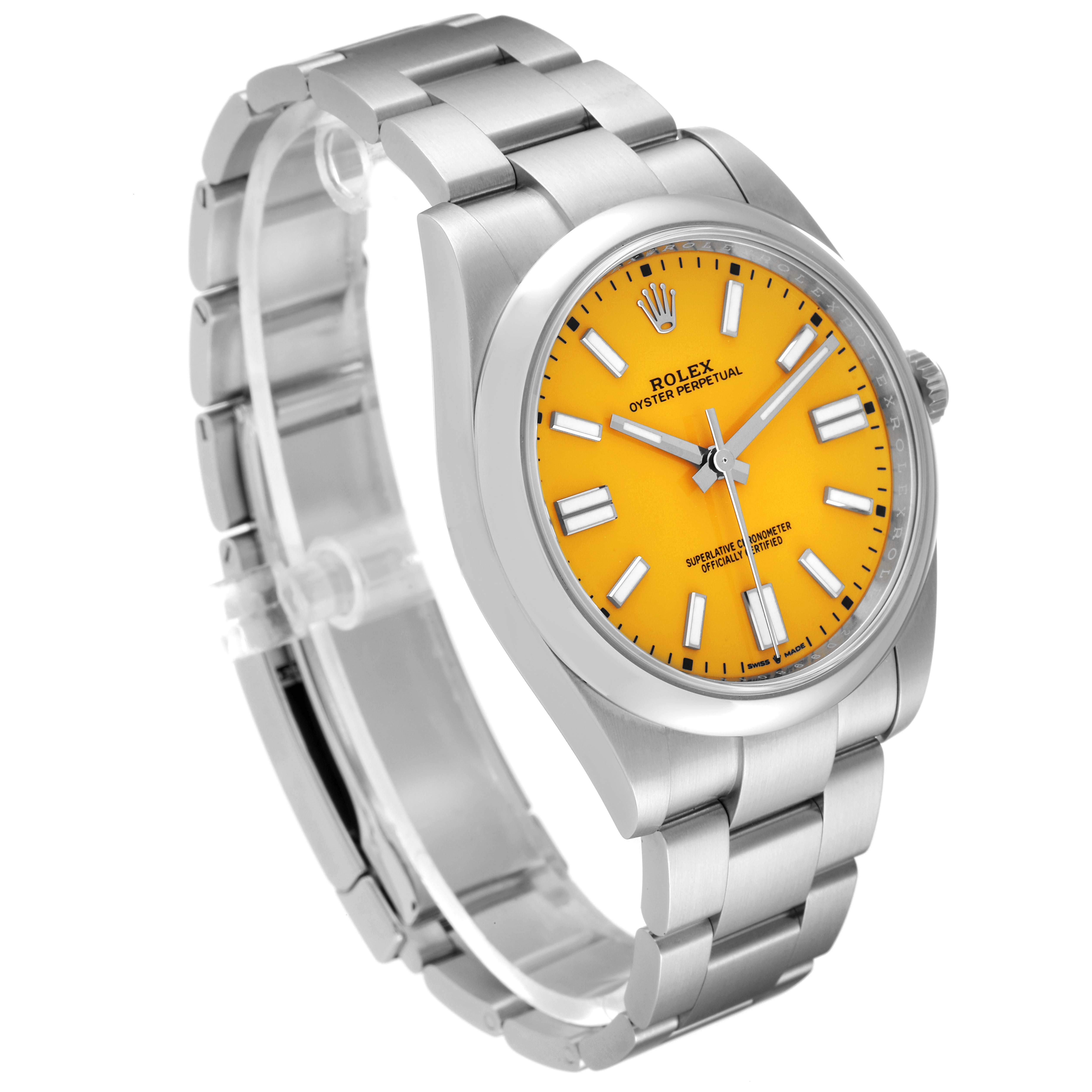 This image shows a side profile and front view of a Rolex Oyster Perpetual 124300 Men's Stainless Steel Yellow Dial 124300 Men's Stainless Steel Yellow Dial watch with a yellow dial and silver bracelet.