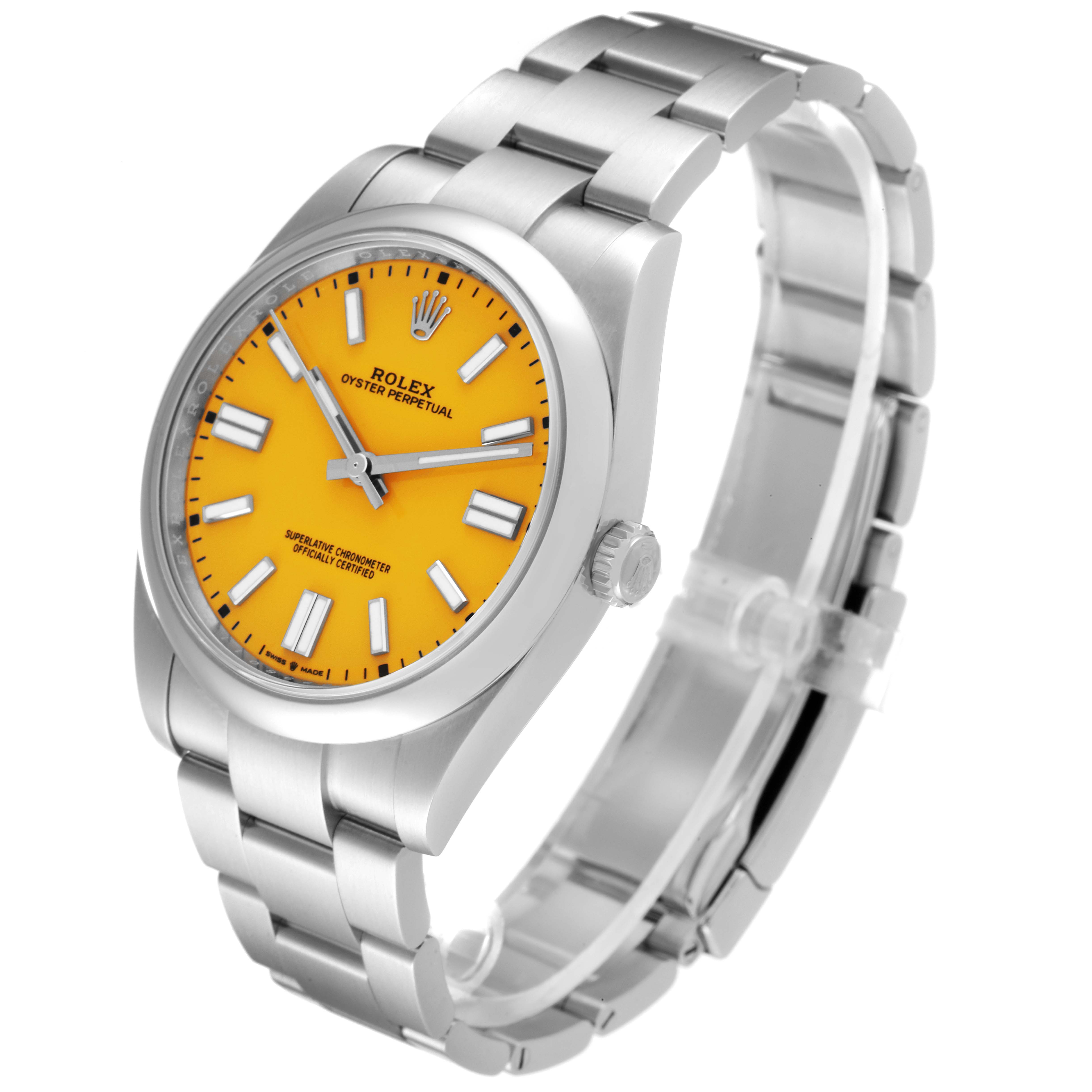 The Rolex Oyster Perpetual 124300 Men's Stainless Steel Yellow Dial 124300 Men's Stainless Steel Yellow Dial watch is shown at a 3/4 angle displaying the dial, case, bracelet, and crown.