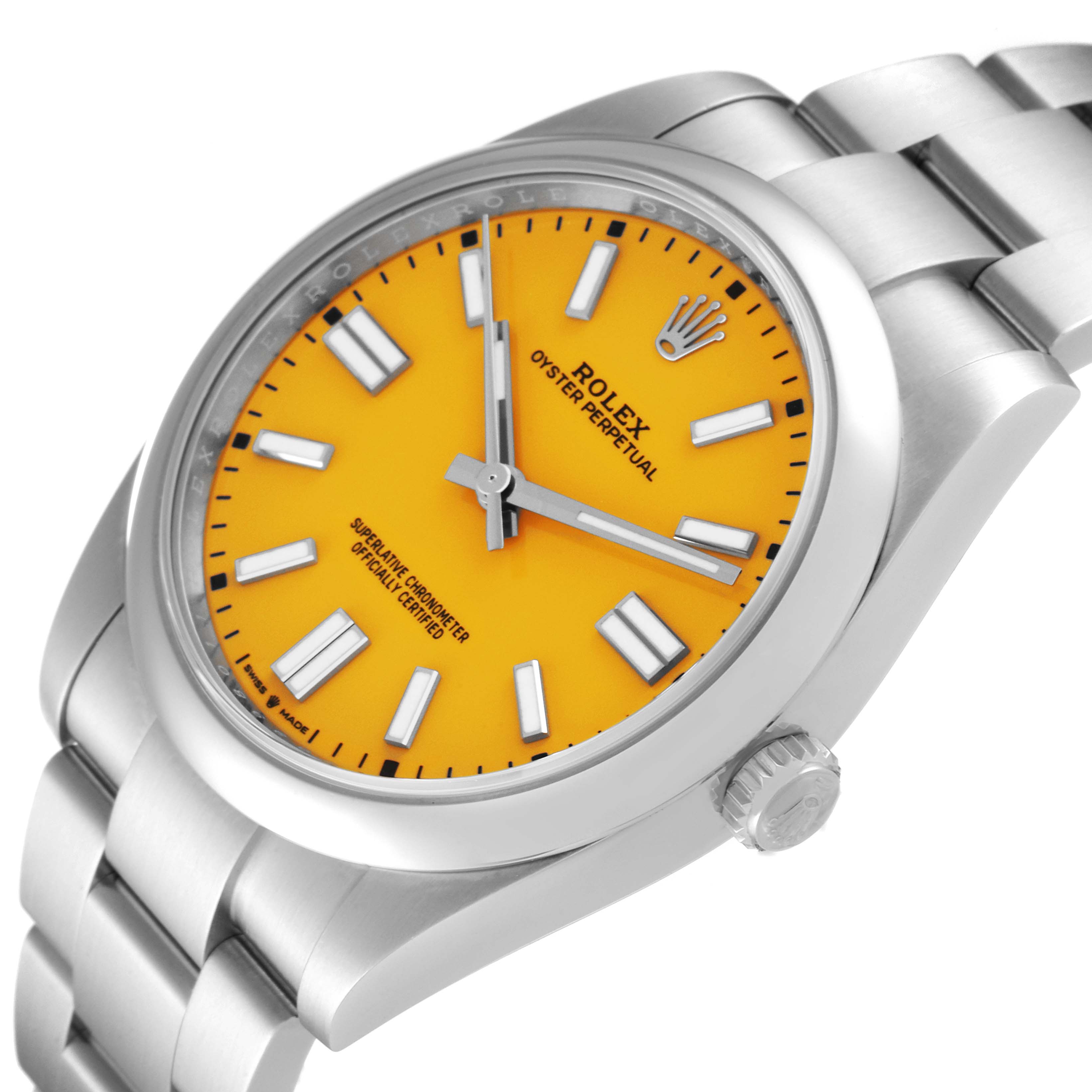 This image shows a close-up, angled view of a Rolex Oyster Perpetual 124300 Men's Stainless Steel Yellow Dial 124300 Men's Stainless Steel Yellow Dial watch, highlighting the orange dial, crown, and part of the bracelet.