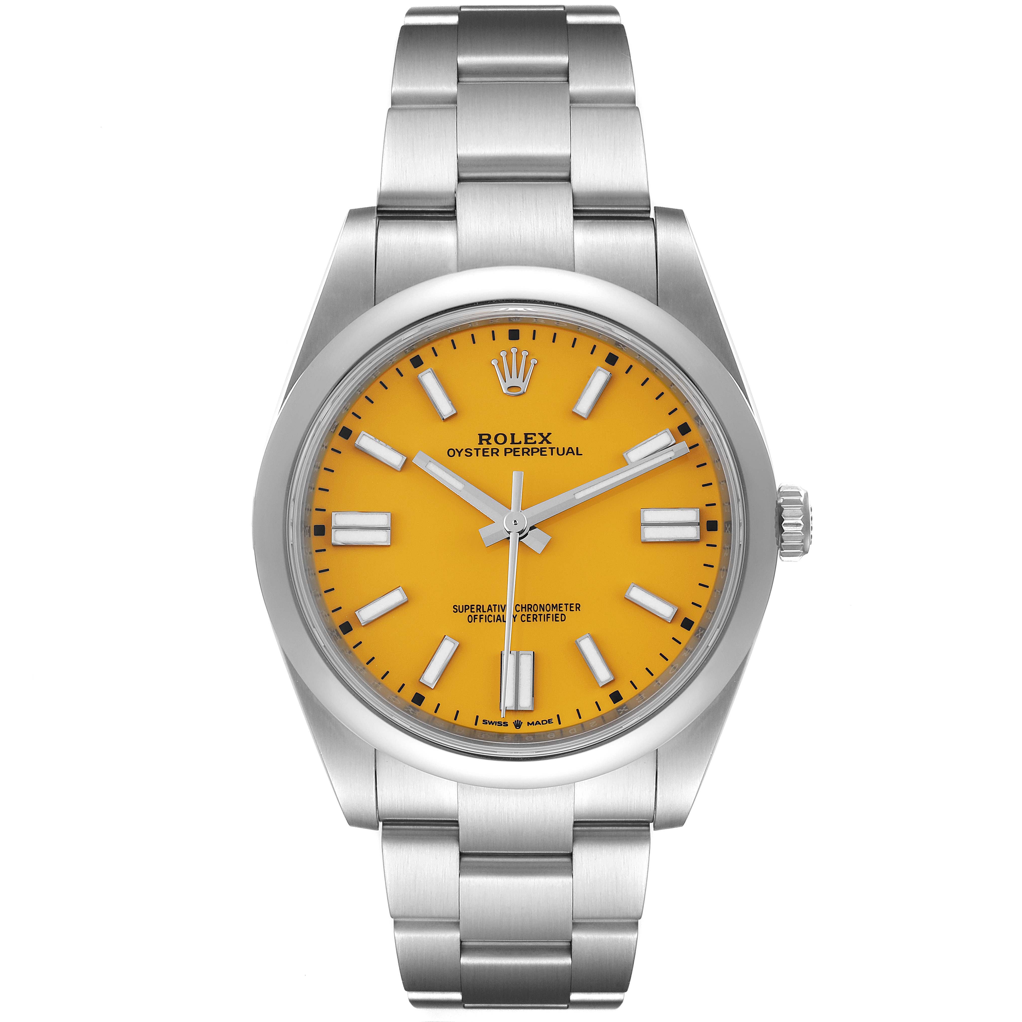 The image shows a front view of a Rolex Oyster Perpetual 124300 Men's Stainless Steel Yellow Dial 124300 Men's Stainless Steel Yellow Dial watch with a yellow dial and silver bracelet.