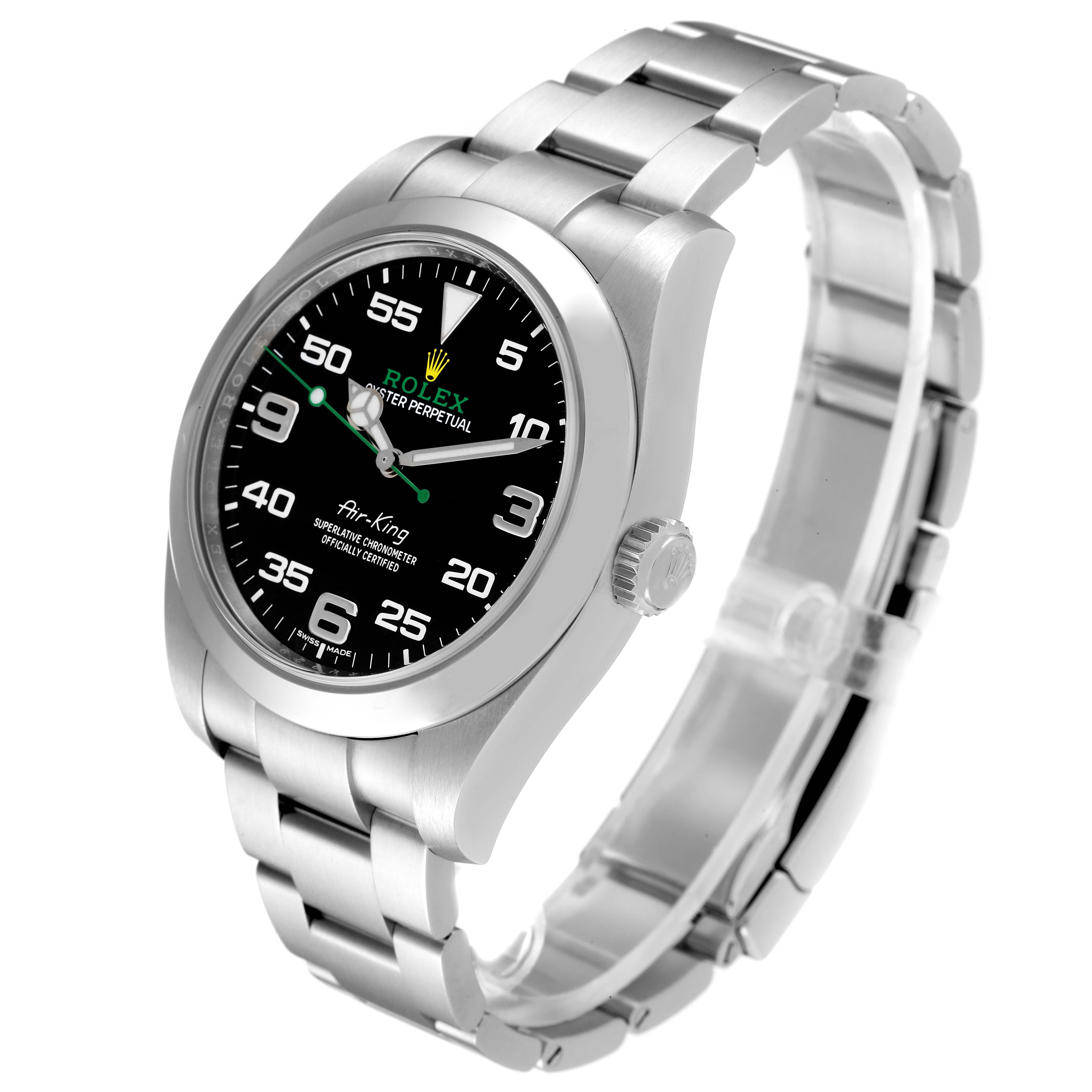 The Rolex Air-King 116900 Men's Stainless Steel Black Dial 116900 Men's Stainless Steel Black Dial watch is shown at an angle highlighting the face, bezel, crown, and bracelet.