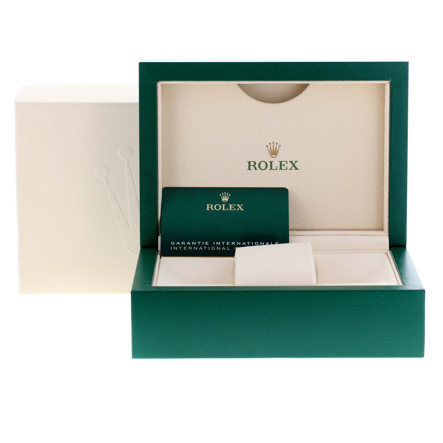 The image shows an open box for the Rolex Air-King 116900 Men's Stainless Steel Black Dial 116900 Men's Stainless Steel Black Dial watch, including the green warranty card and part of the watch pillow.