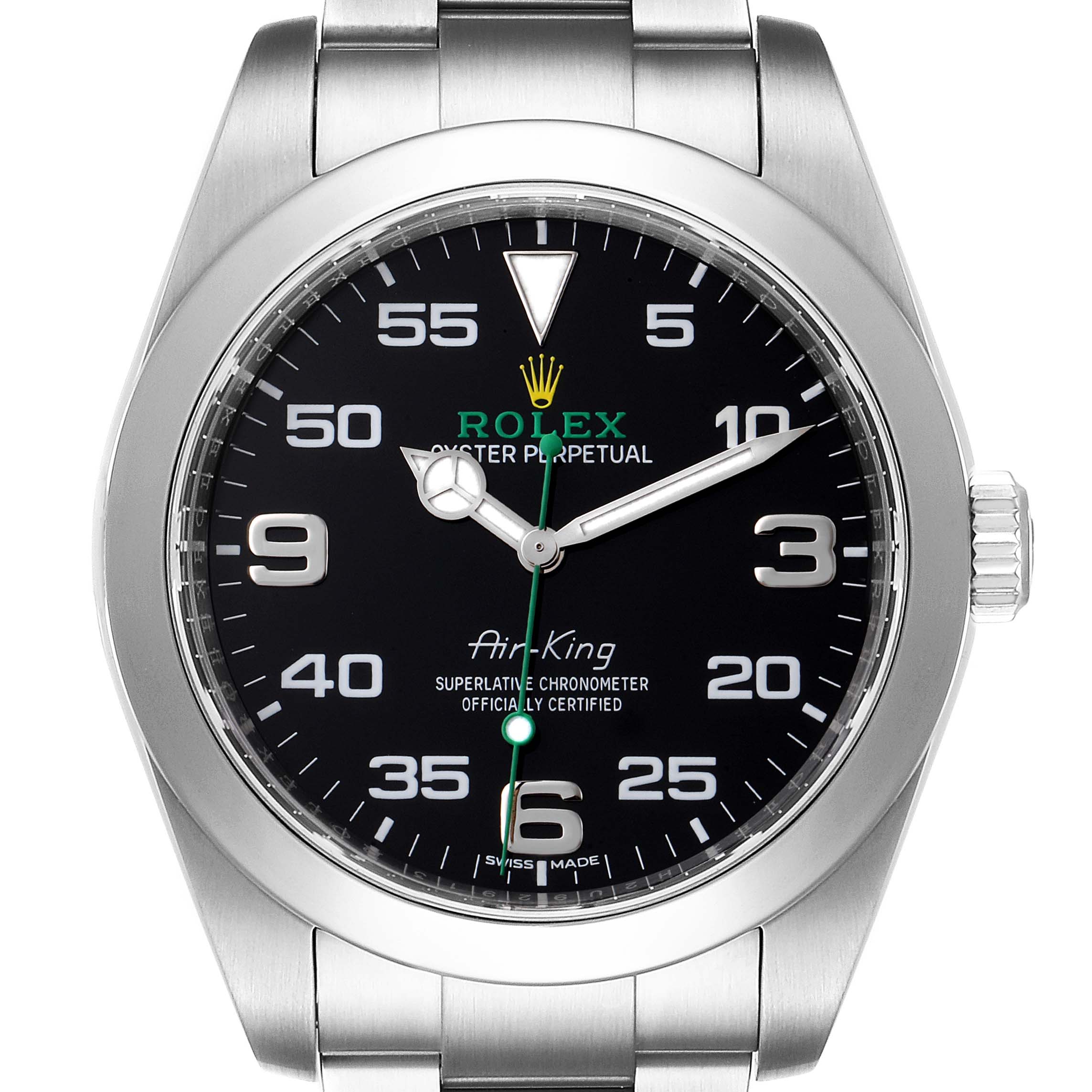 The image shows a frontal view of the Rolex Air-King 116900 Men's Stainless Steel Black Dial 116900 Men's Stainless Steel Black Dial watch, highlighting the dial, hands, markers, bezel, crown, and part of the bracelet.