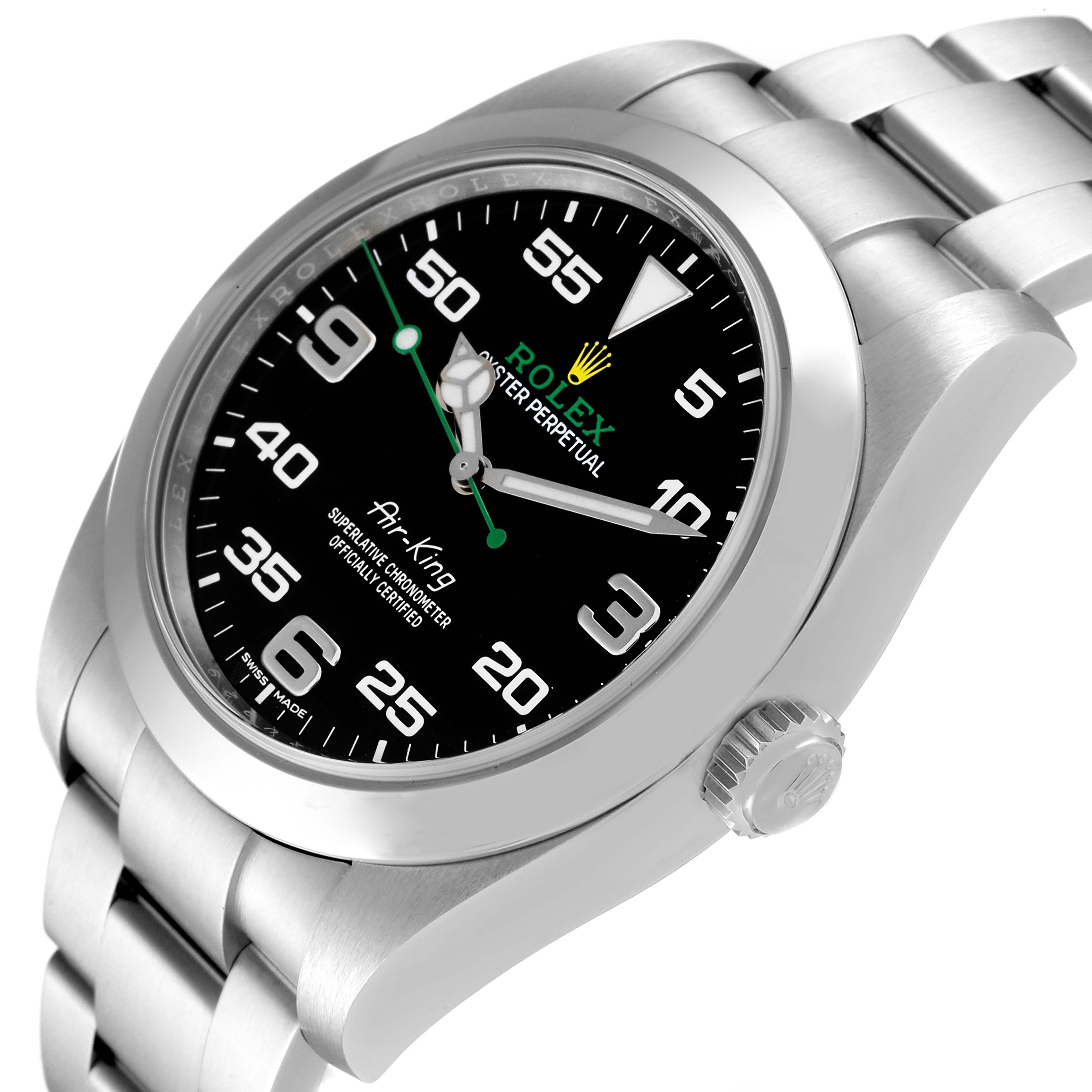 The image shows a tilted top-side view of a Rolex Air-King 116900 Men's Stainless Steel Black Dial 116900 Men's Stainless Steel Black Dial watch, featuring its black dial, bezel, crown, and stainless steel bracelet.