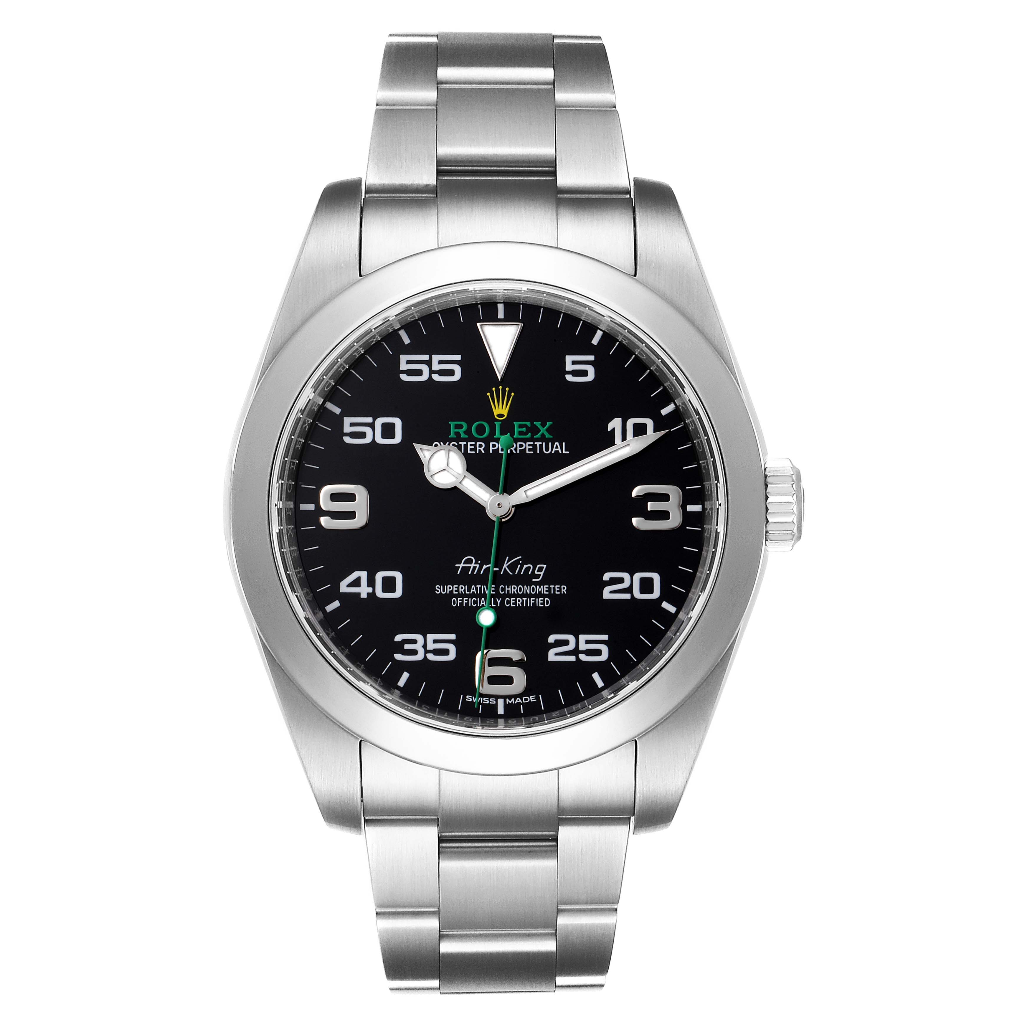 This image shows the front view of a Rolex Air-King 116900 Men's Stainless Steel Black Dial 116900 Men's Stainless Steel Black Dial watch, displaying the face, bezel, crown, and bracelet.
